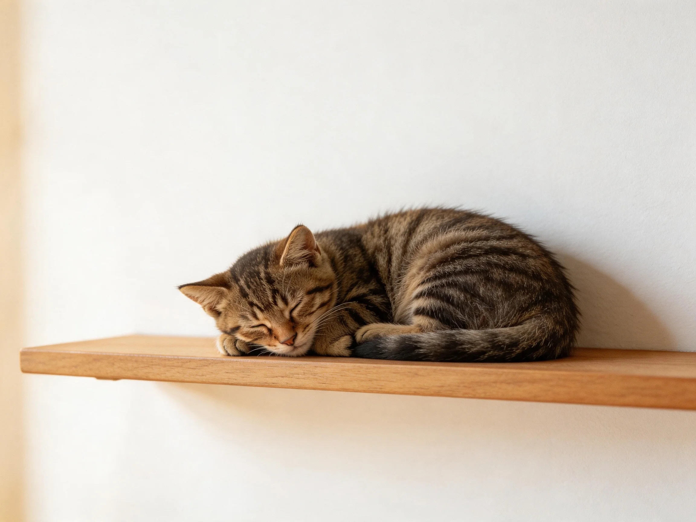 A brown-striped tabby kitten sleeps curled on a wooden shelf