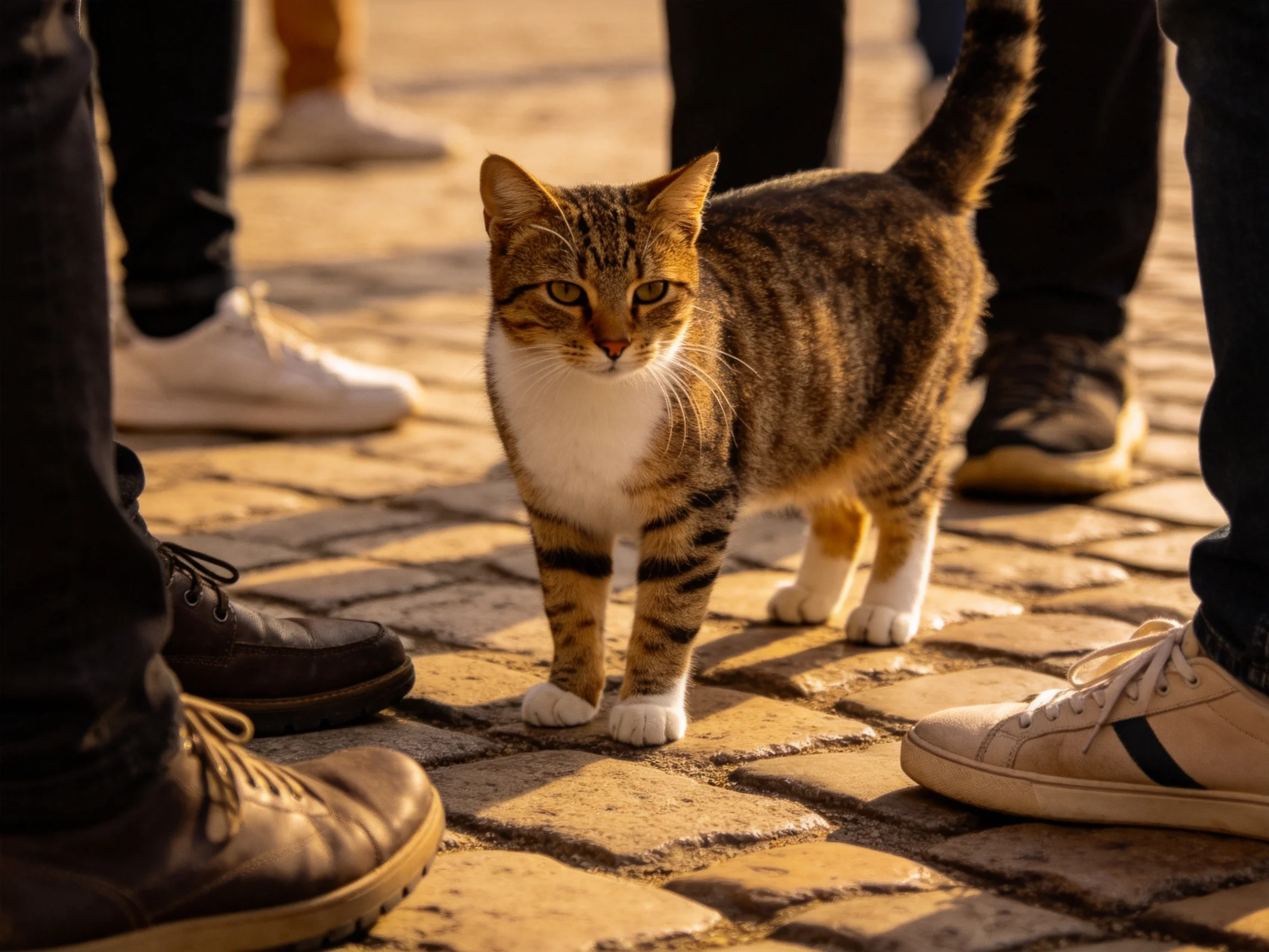 A brown tabby cat stands between pedestrians’ feet on a cobblestone surface.