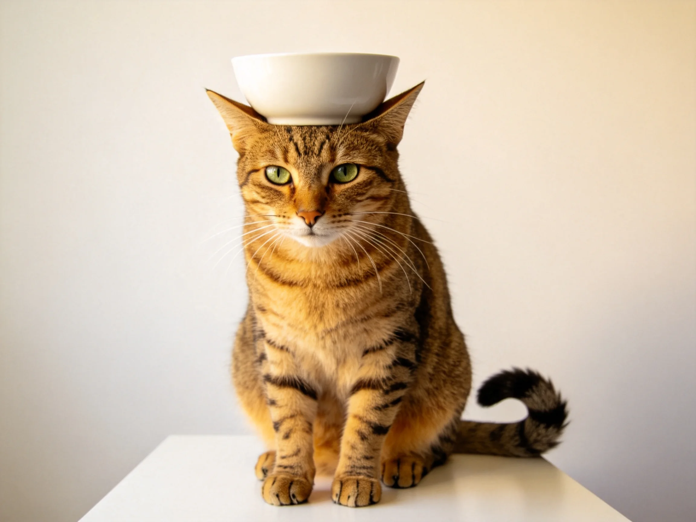 A brown tabby cat balances a white bowl on its head