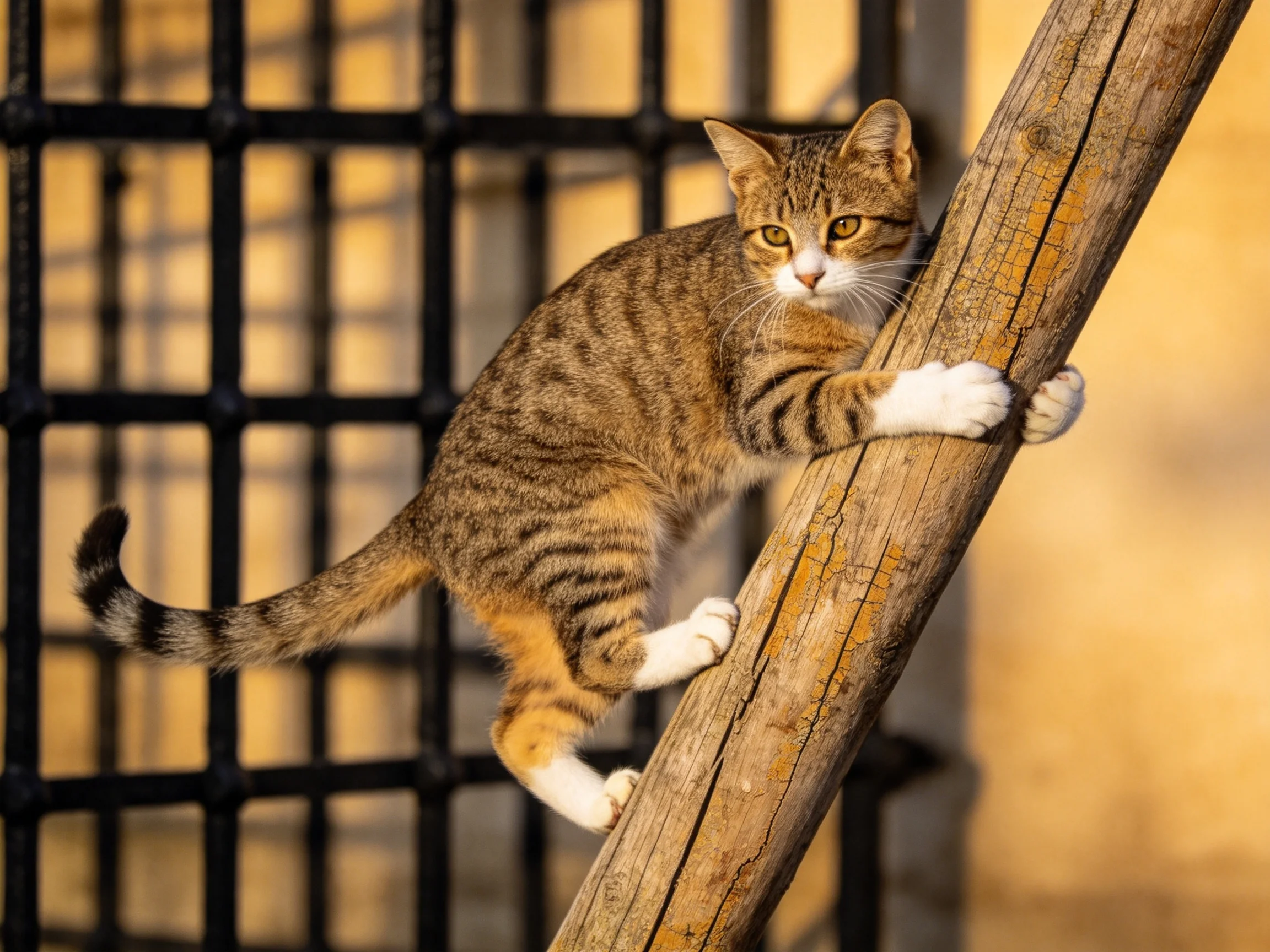 A brown tabby cat climbs a weathered wooden pole beside a black metal grid fence
