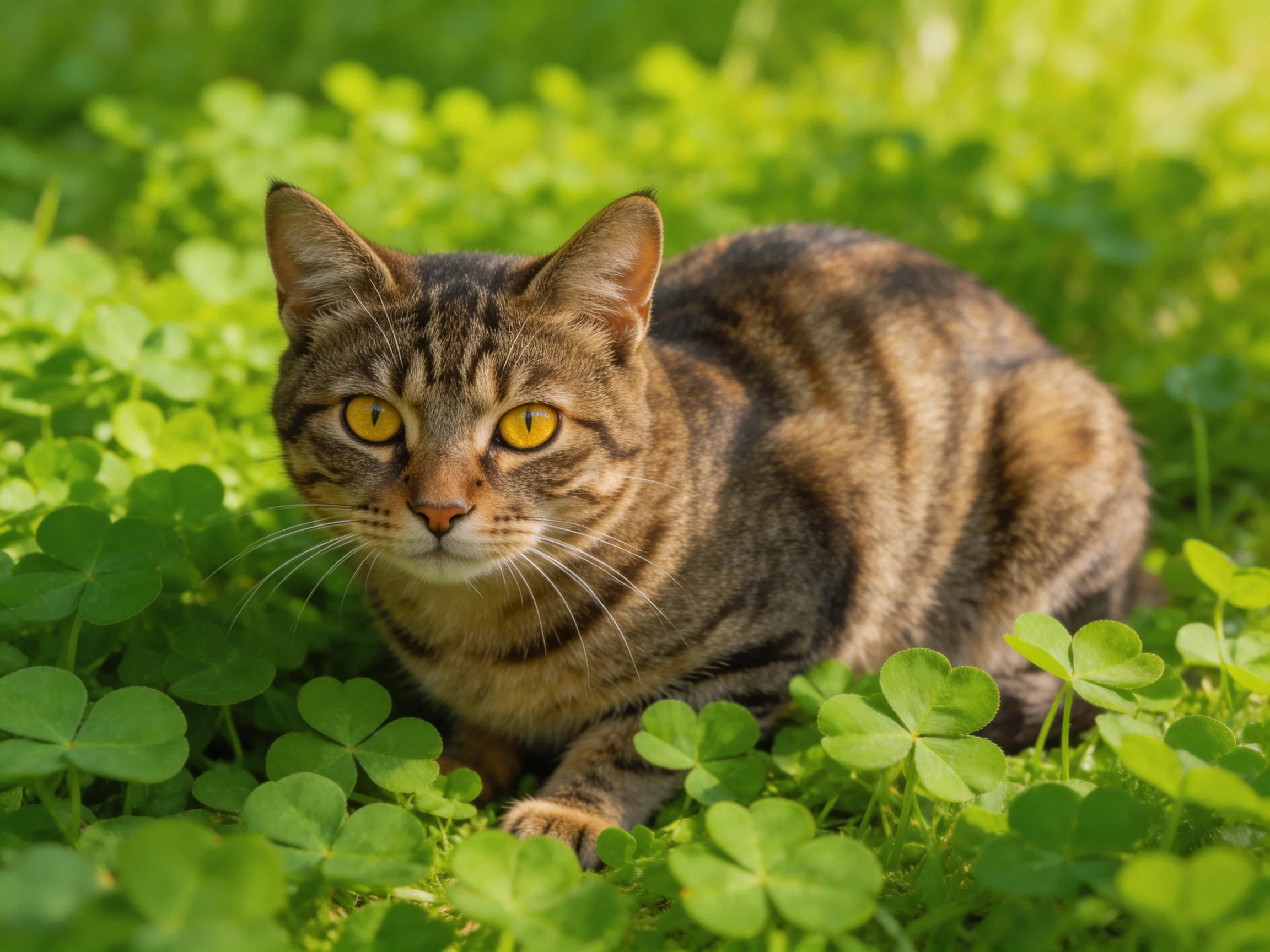 A brown tabby cat crouched among dense green clover
