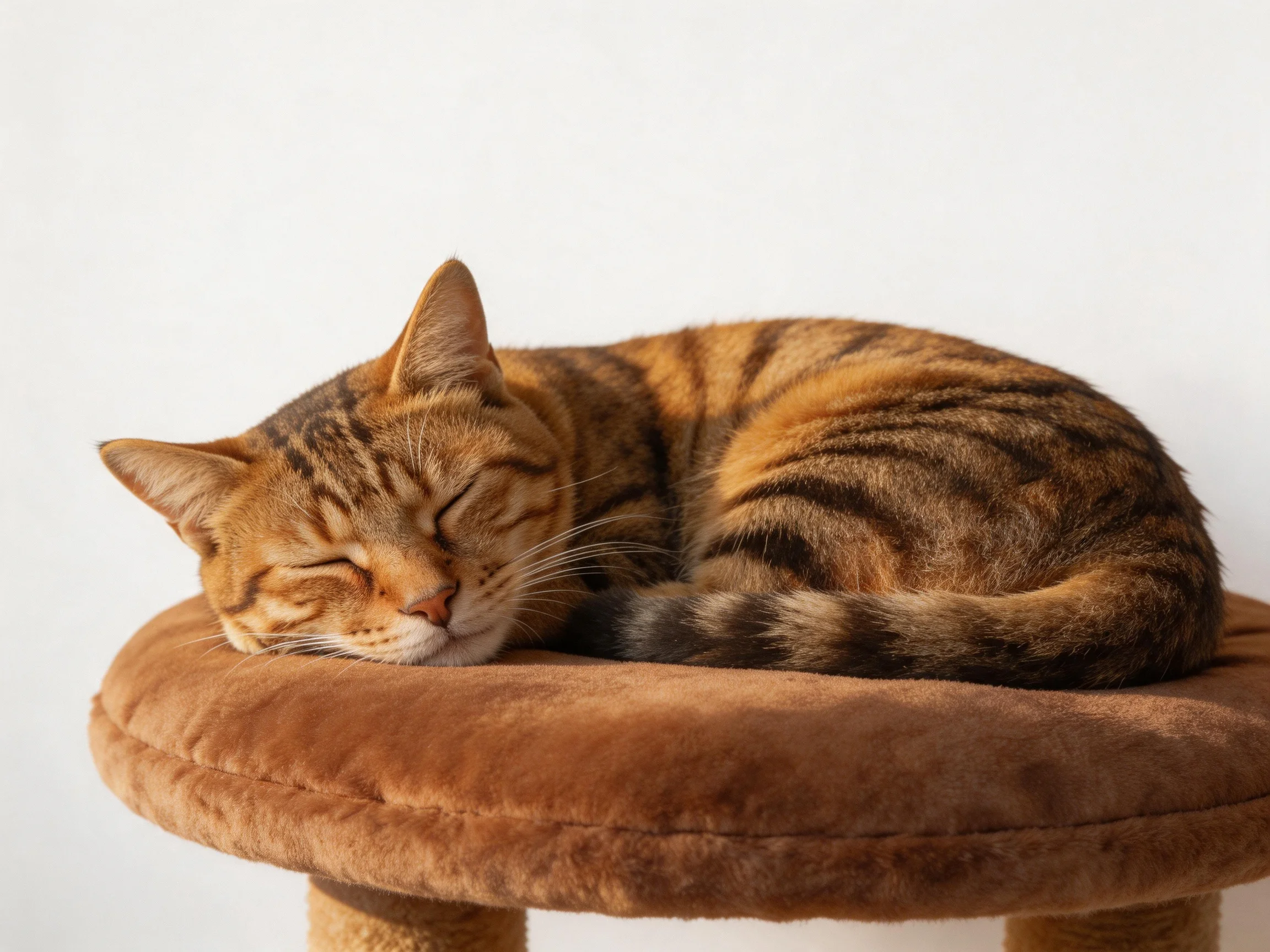 A brown tabby cat curled asleep on a plush brown cushioned perch