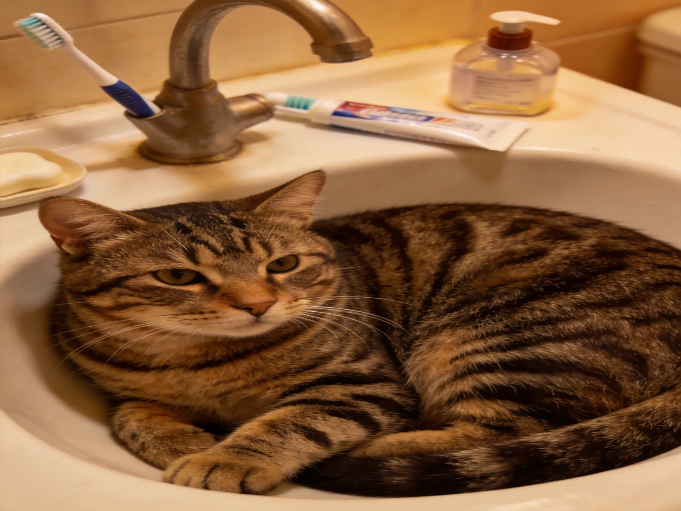 A brown tabby cat curled in a white bathroom sink with toiletries