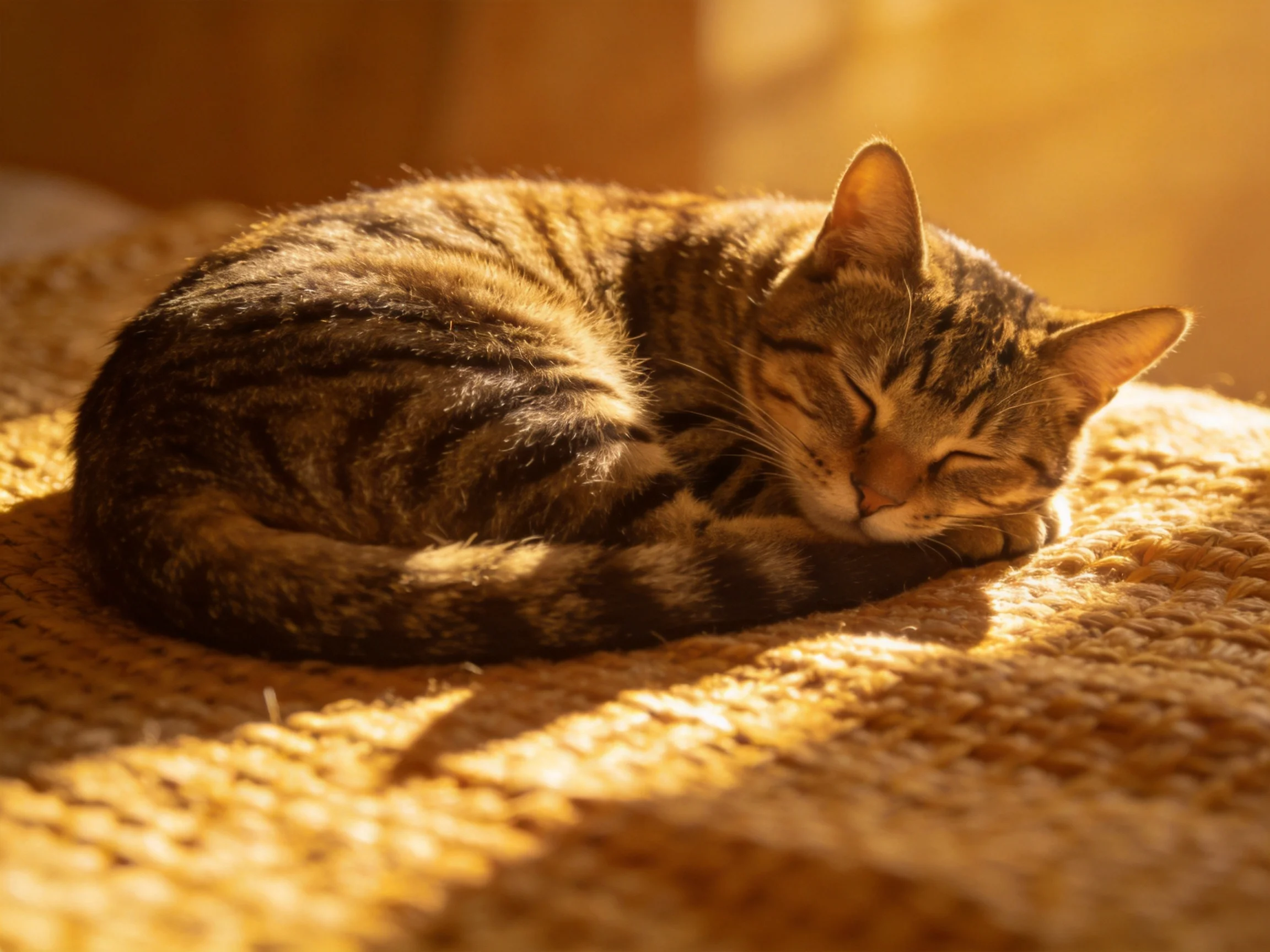 A brown tabby cat curled up on a golden woven mat in warm sunlight