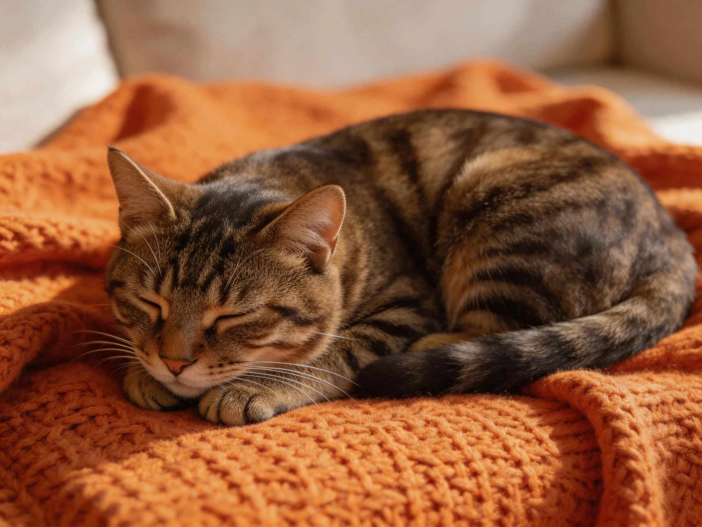 A brown tabby cat curled up on a knitted orange blanket
