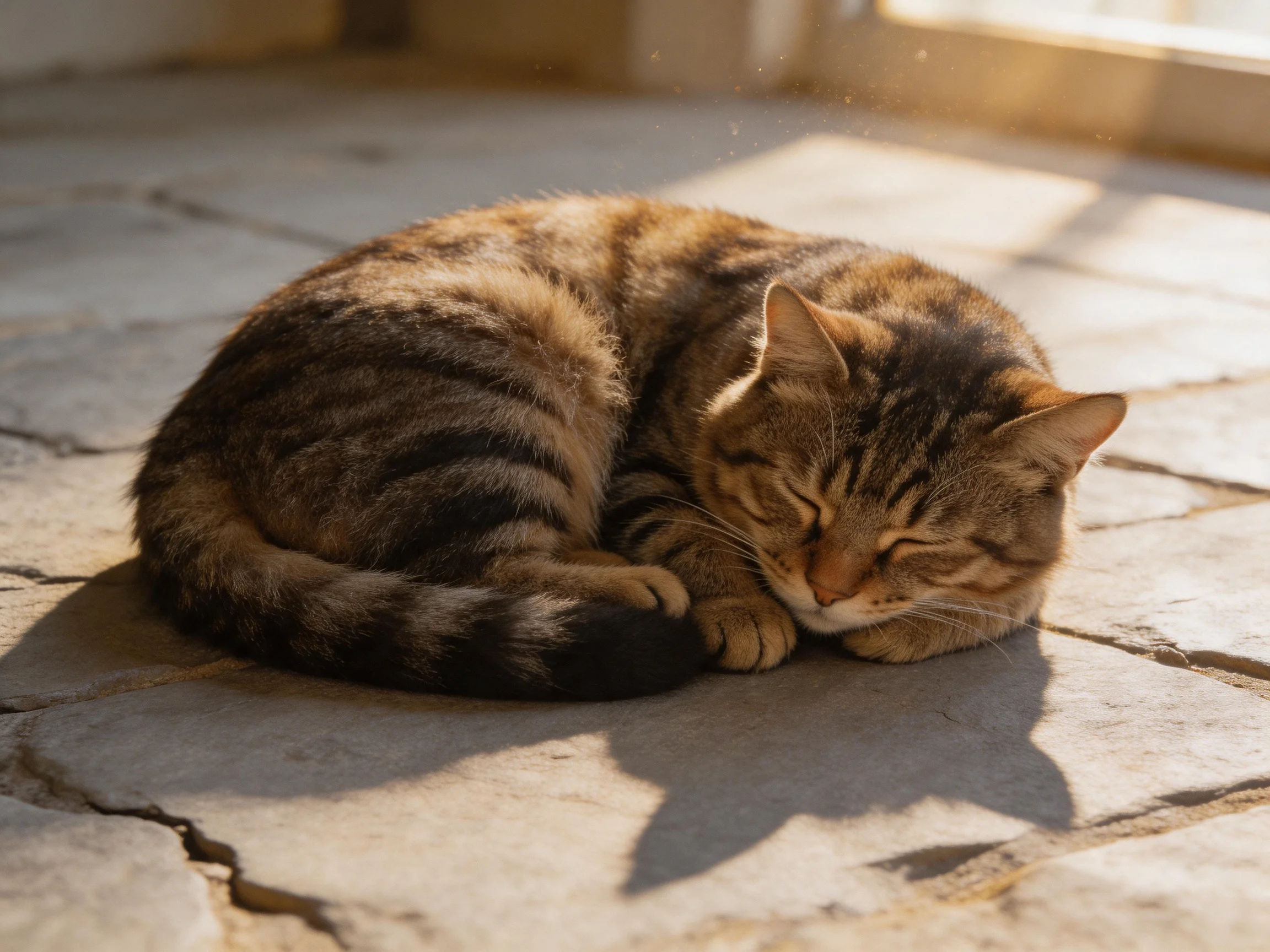 A brown tabby cat curled up sleeping on stone tiles