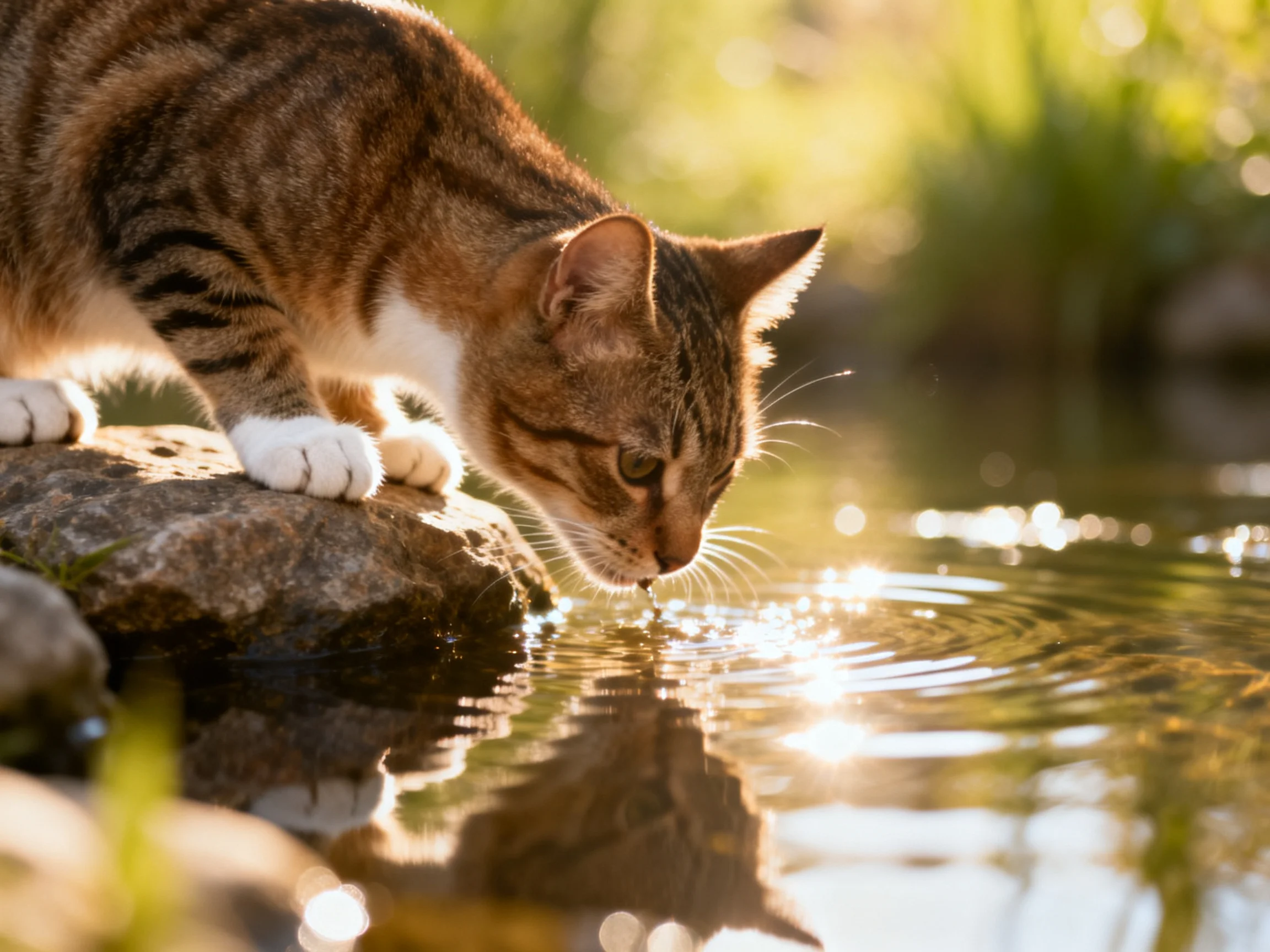 A brown tabby cat drinks from a sunlit stream near rocks