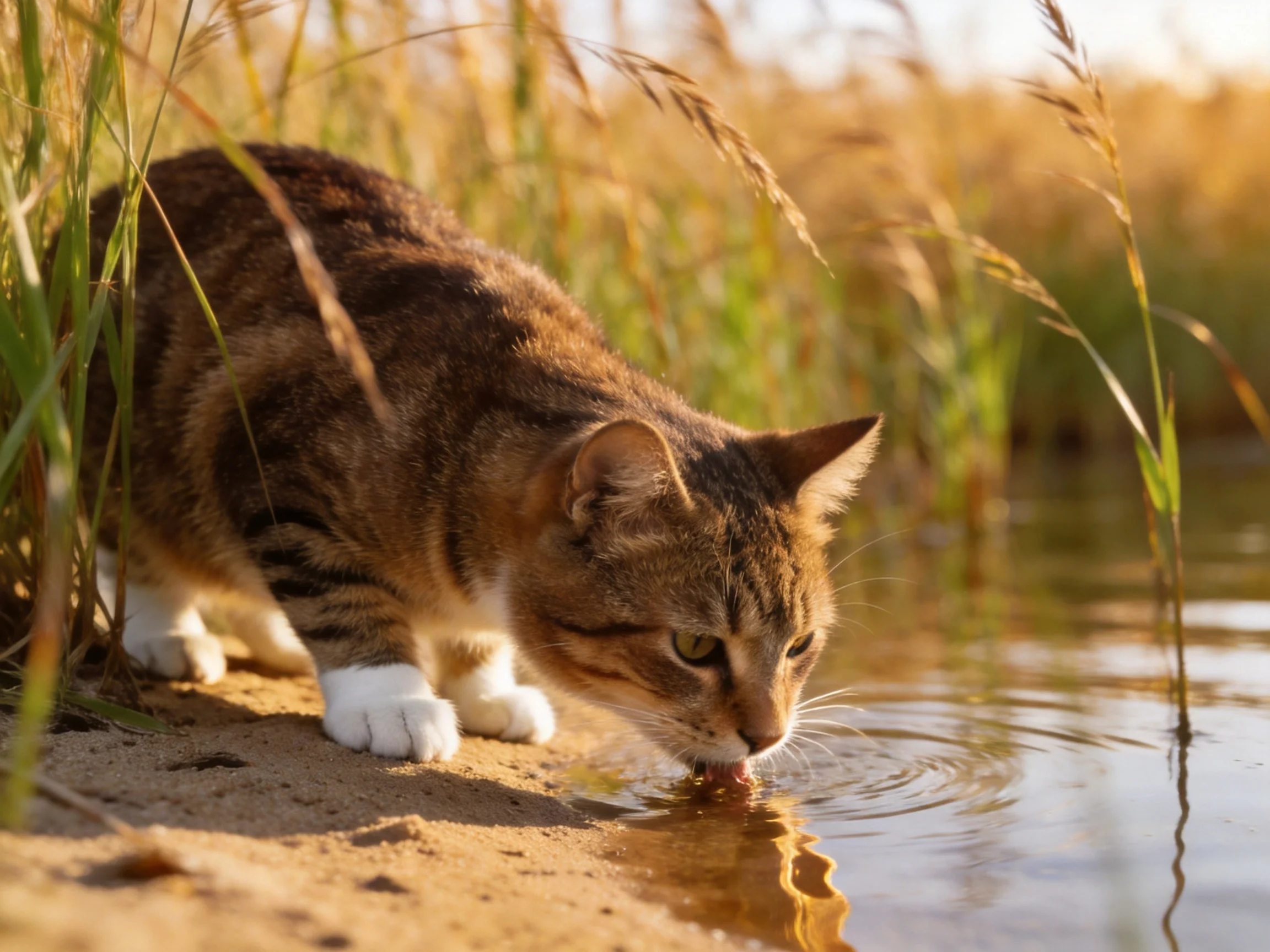 A brown tabby cat drinks water near golden reeds by a calm pond