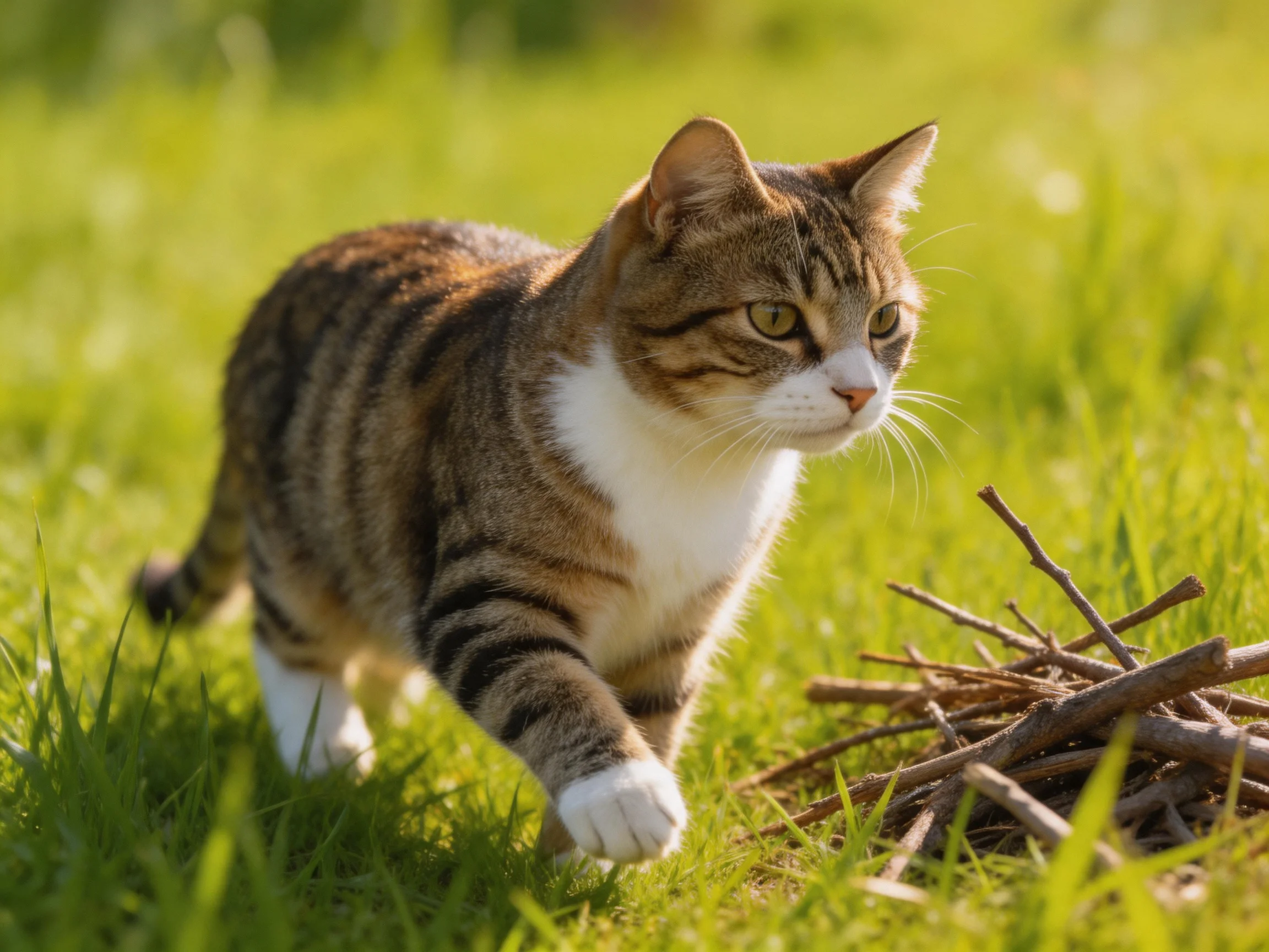 A brown-tabby cat explores a sunlit grassy area near wooden twigs