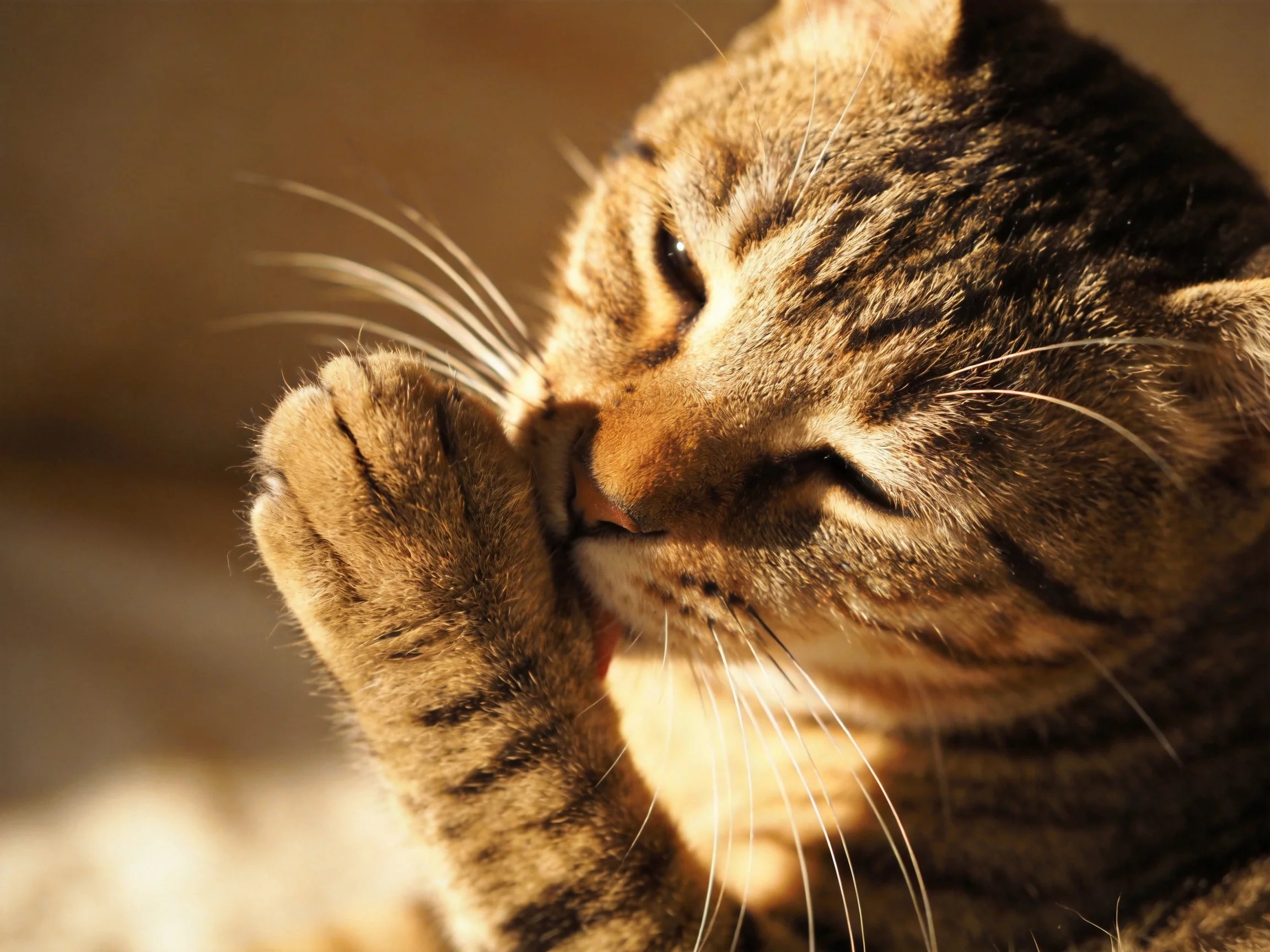 A brown tabby cat grooming itself with warm golden lighting