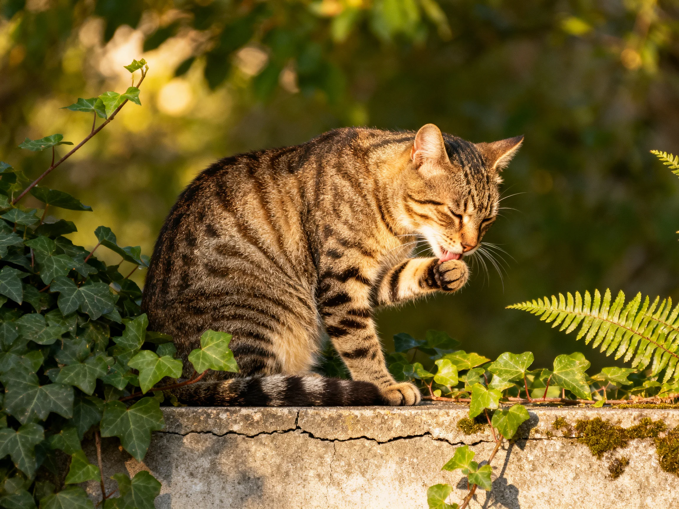 A brown tabby cat grooming near green foliage on a stone ledge