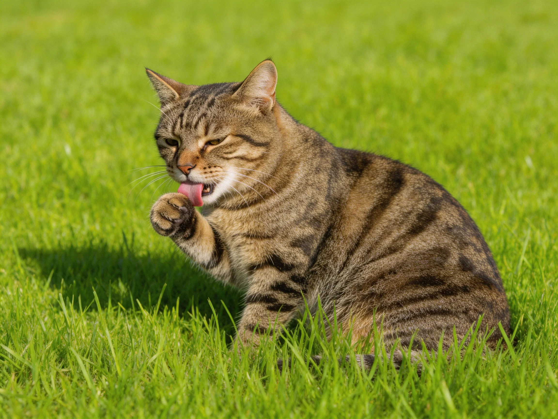 A brown tabby cat grooming on green grass