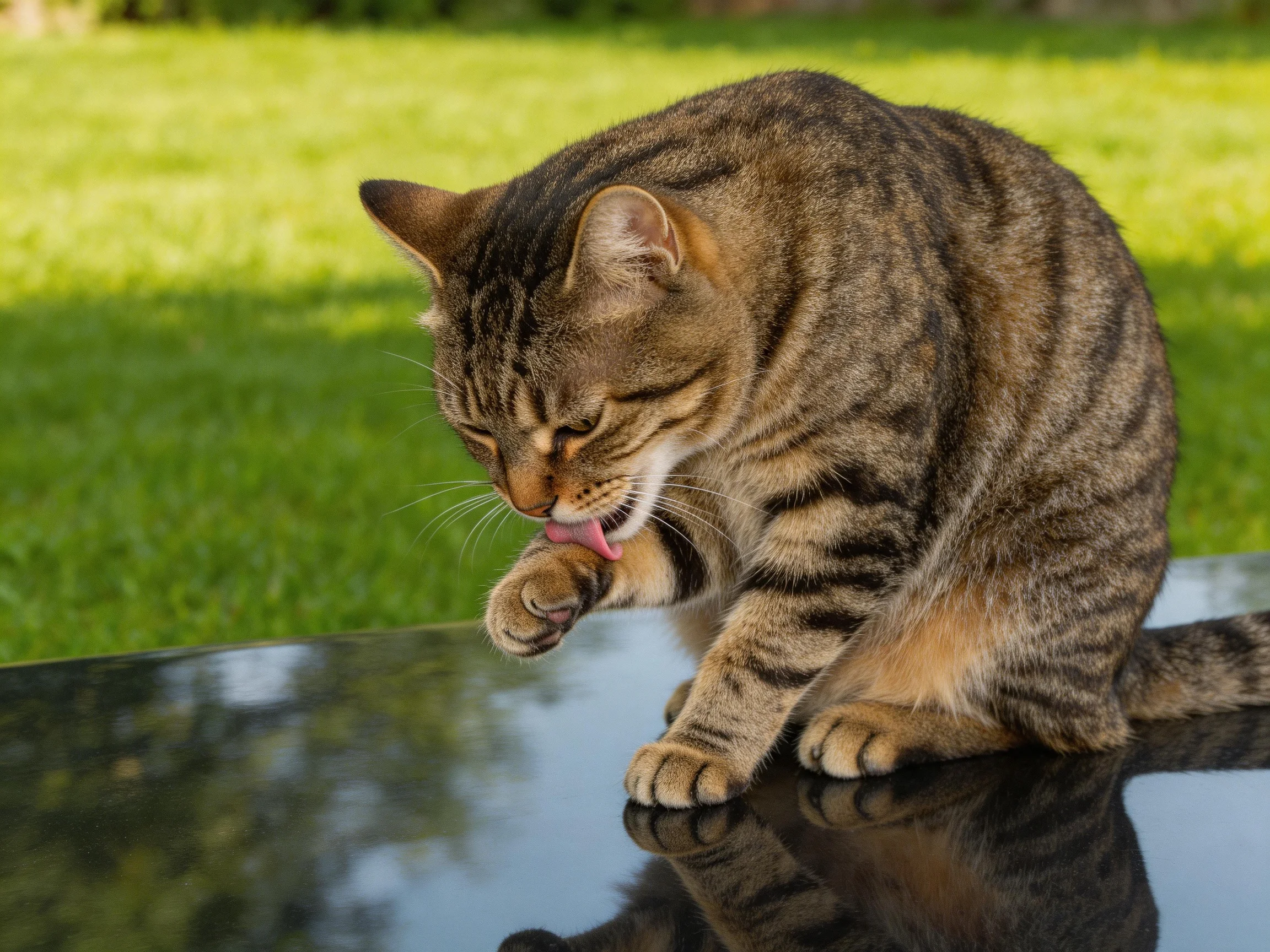 A brown tabby cat grooms itself on a glossy black surface outdoors