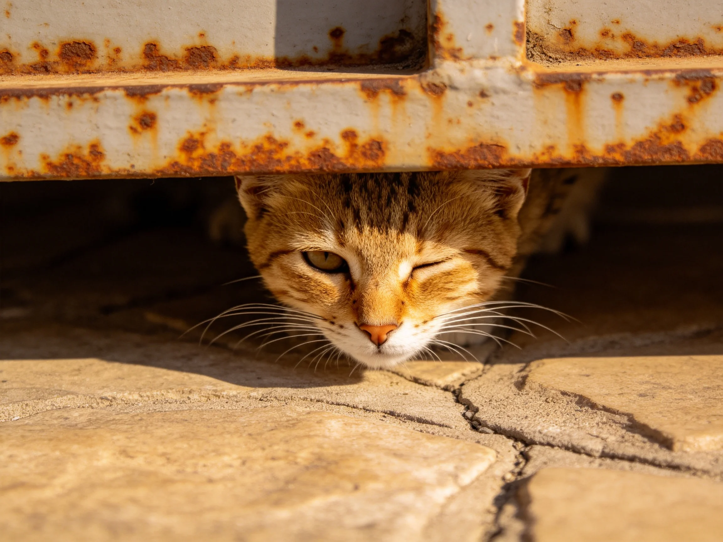 A brown tabby cat hides beneath a rusted metal frame on cracked pavement