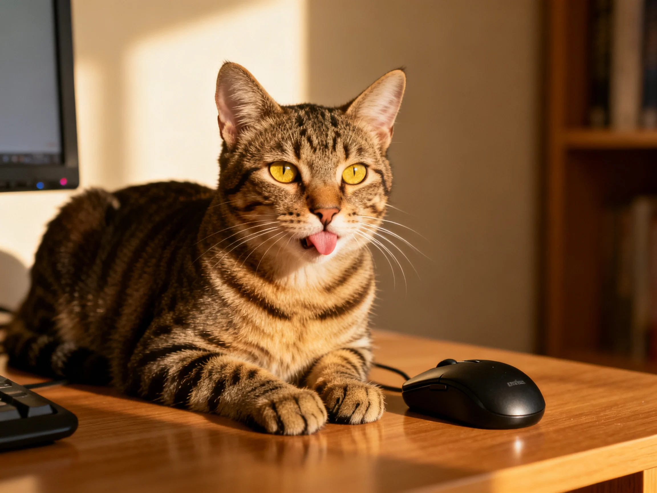 A brown tabby cat rests beside a black computer mouse on a wooden desk.