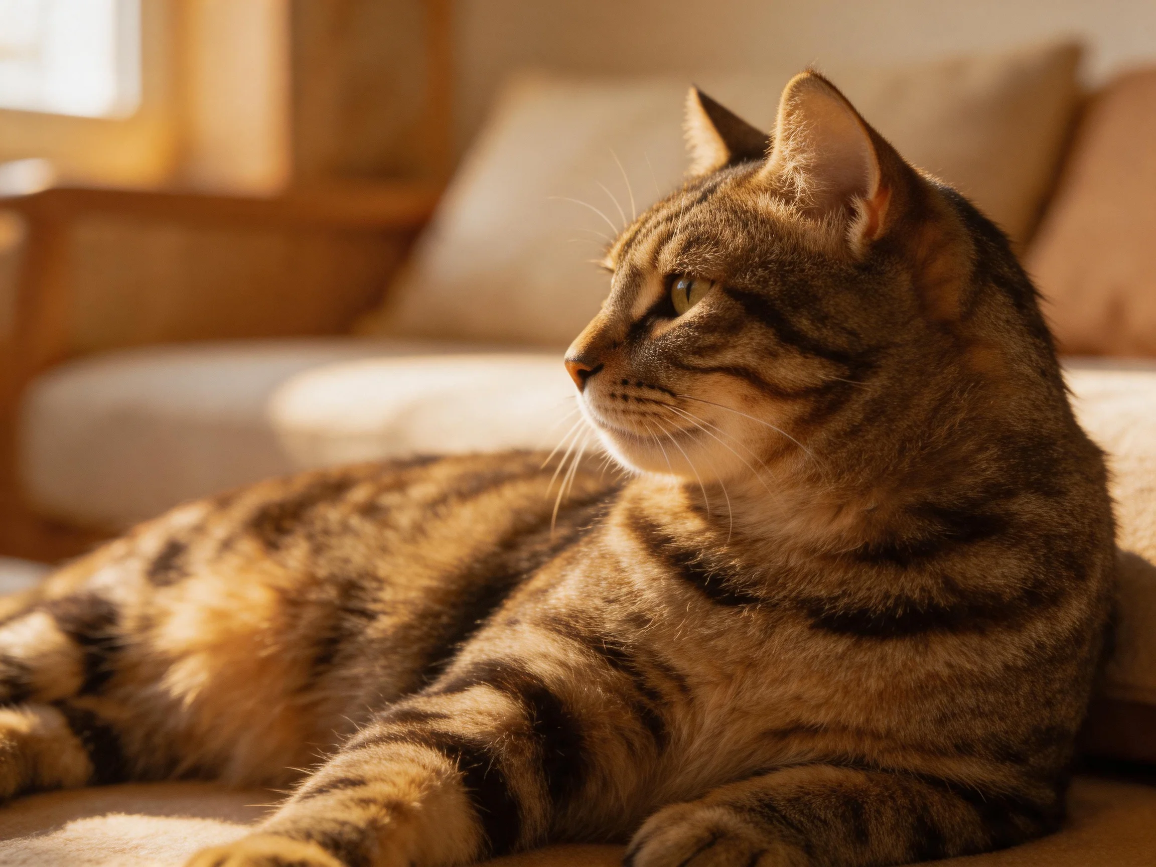A brown tabby cat lounges on a beige couch in warm golden light