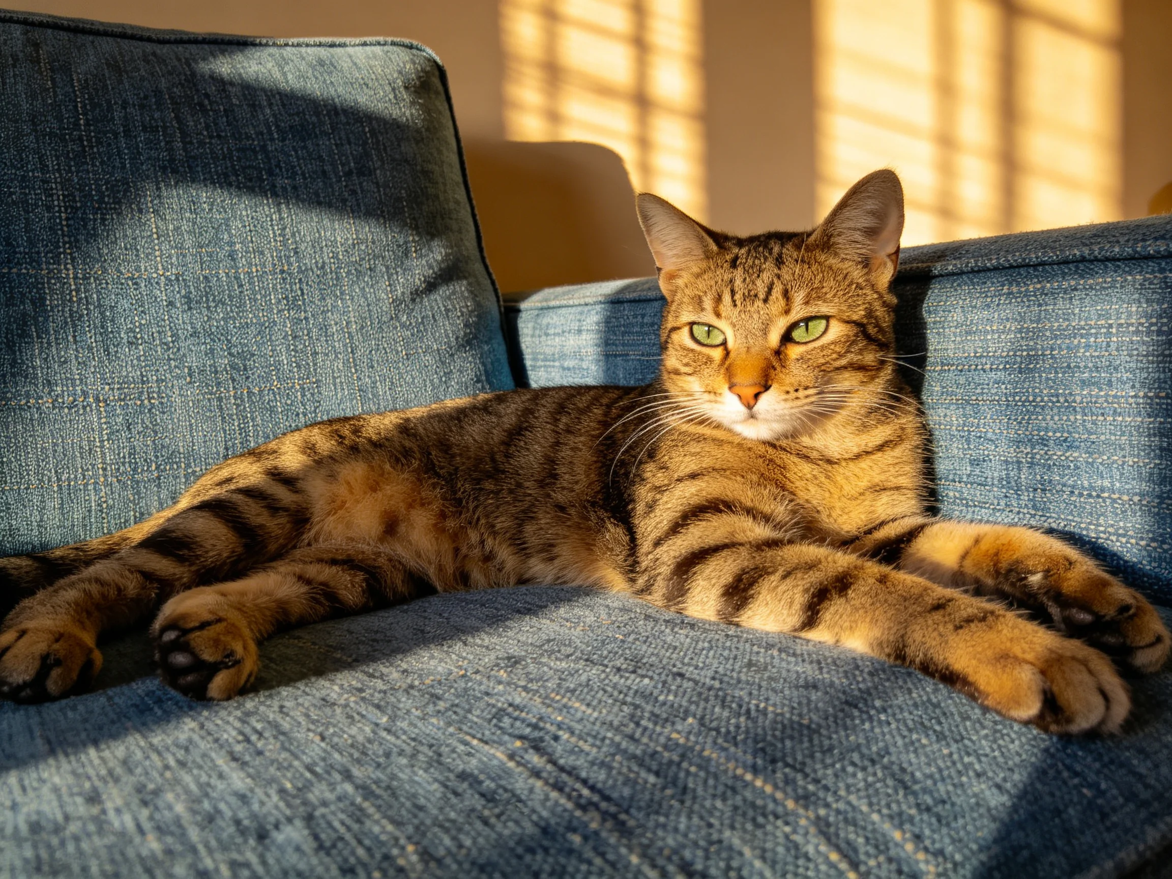A brown tabby cat relaxes on a blue sofa in a sunlit room.