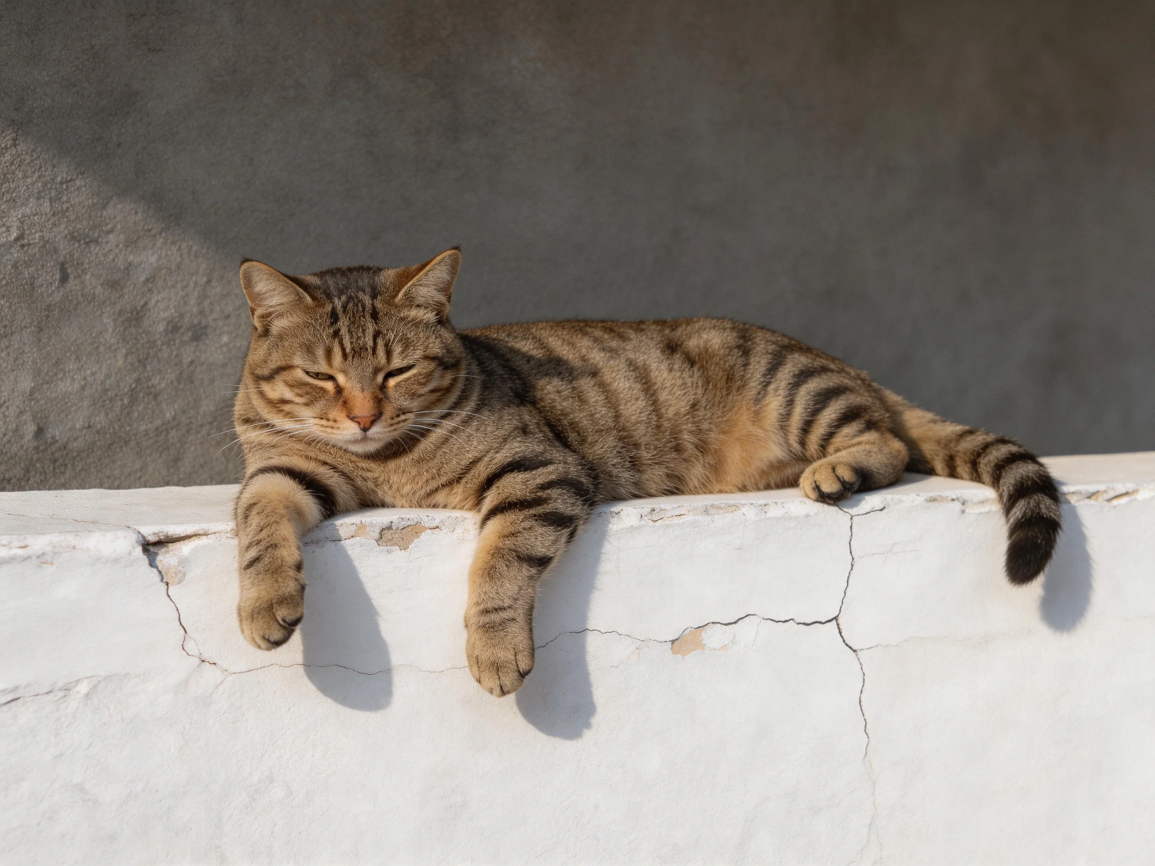 A brown tabby cat lounges on a cracked white ledge near a gray wall