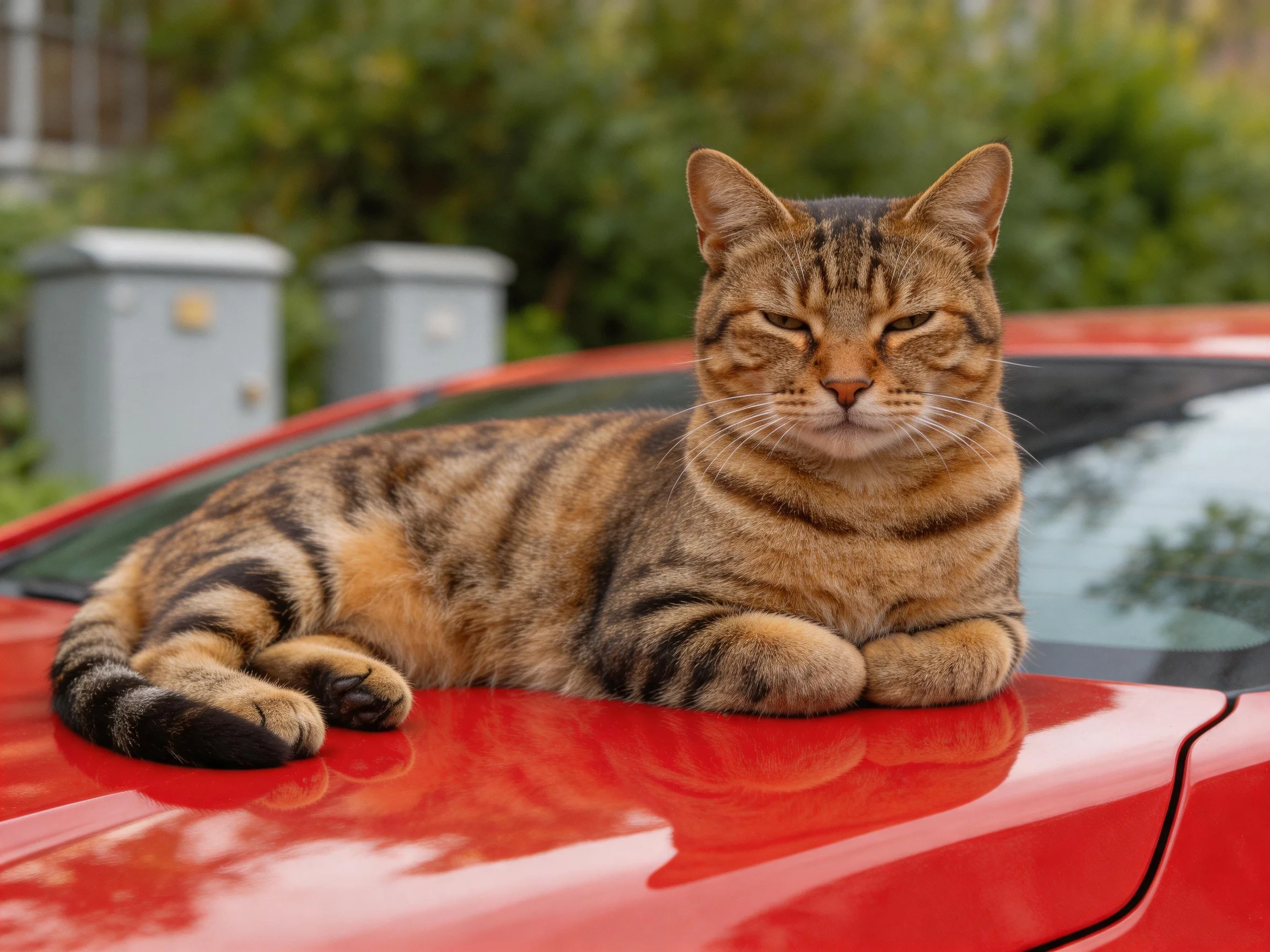 A brown tabby cat relaxes on a glossy red car in an outdoor setting.