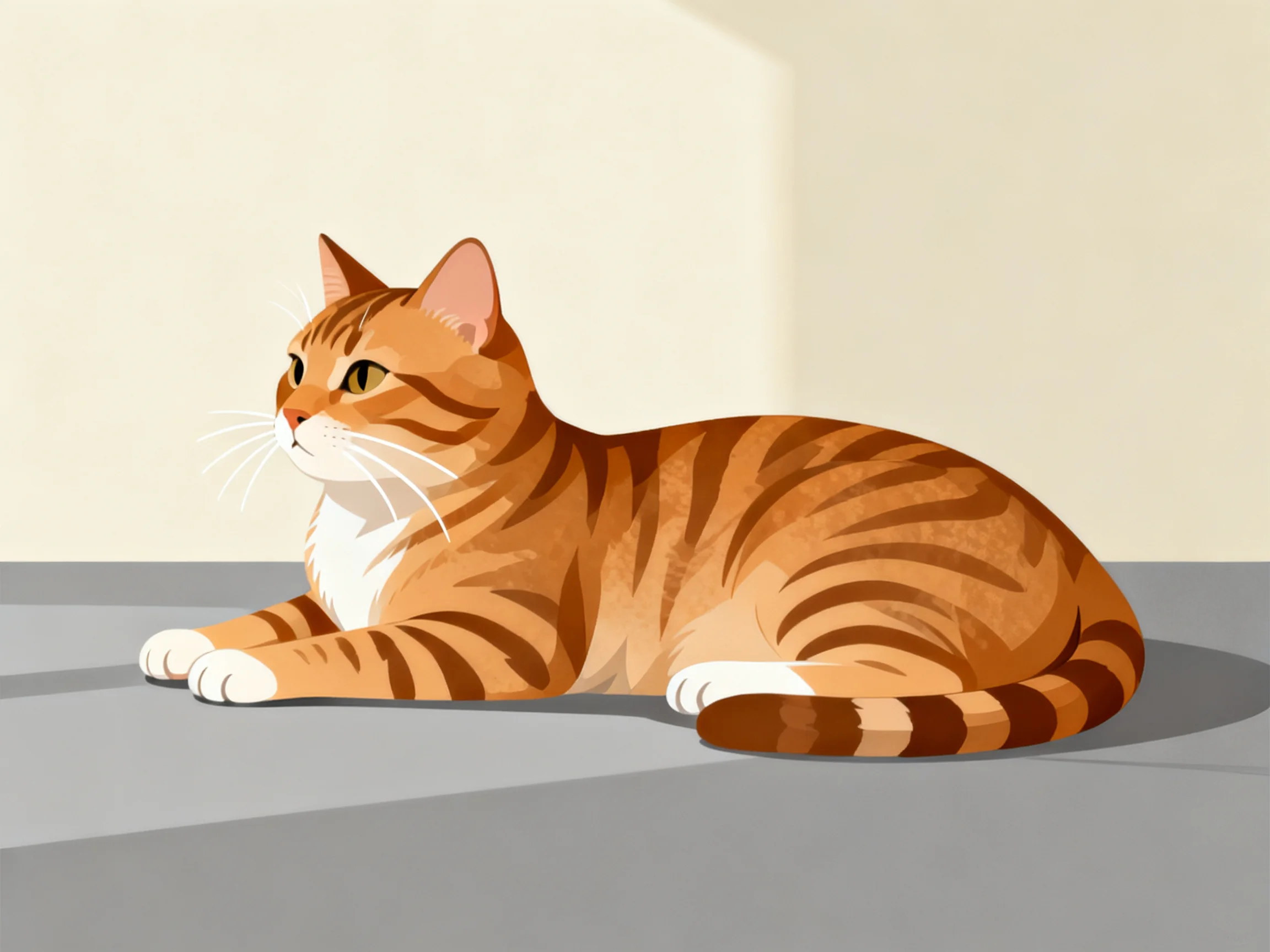 A brown tabby cat lounges calmly on a gray surface next to a cream wall.