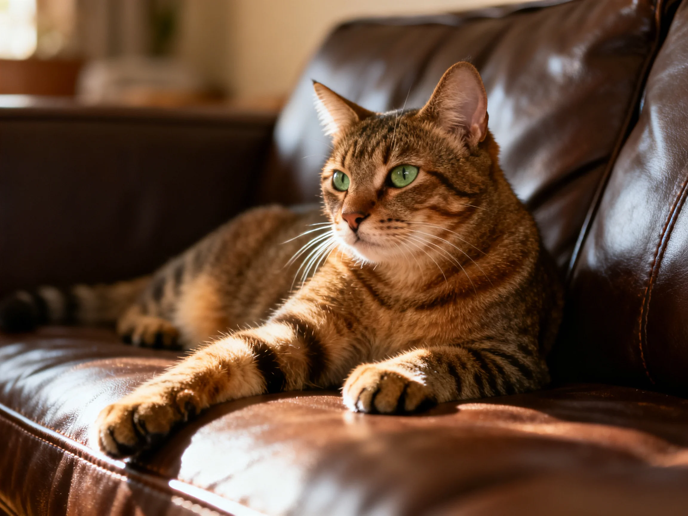A brown tabby cat lounges on a polished leather sofa in warm light