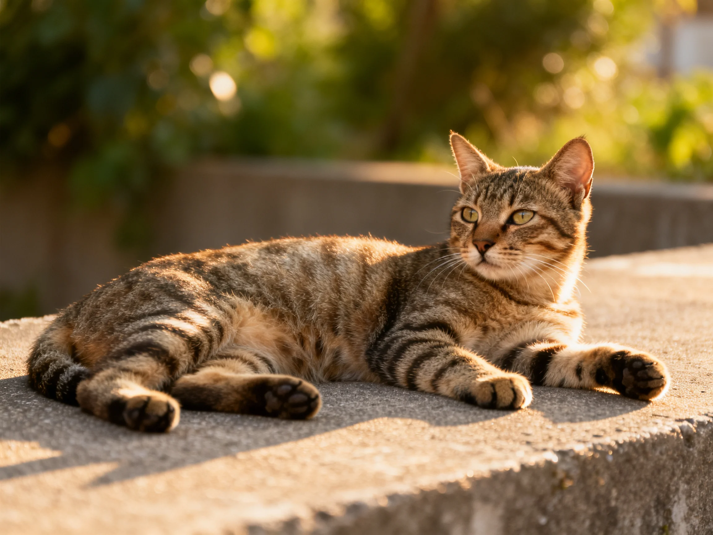 A tabby cat relaxes on a concrete ledge in bright sunlight.