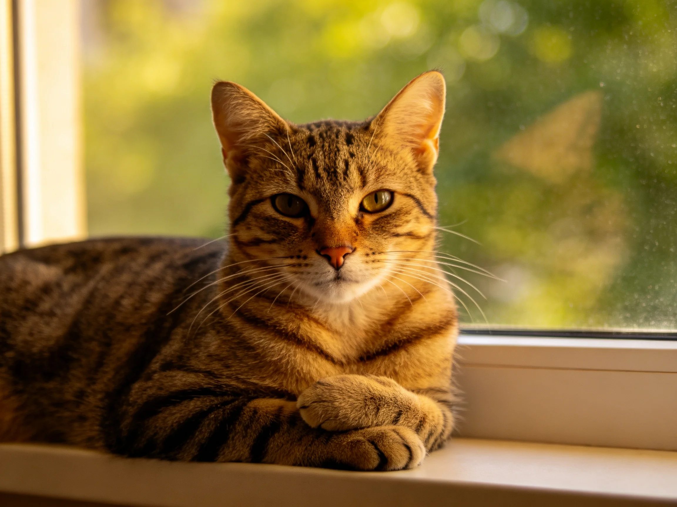 A brown tabby cat relaxes on a sunlit windowsill near a window with green foliage outside
