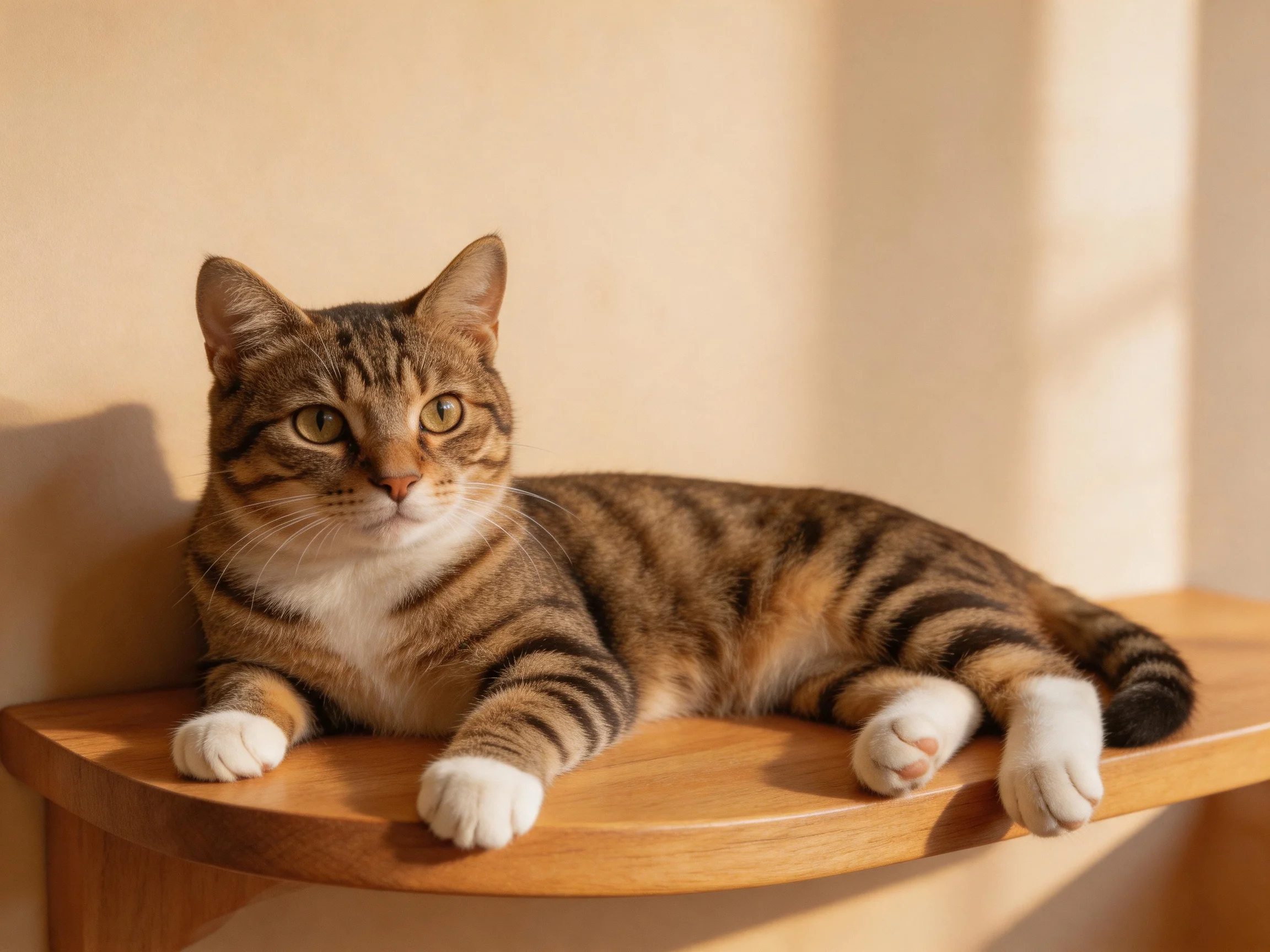 A brown-tabby cat relaxes on a wooden shelf in sunlight.