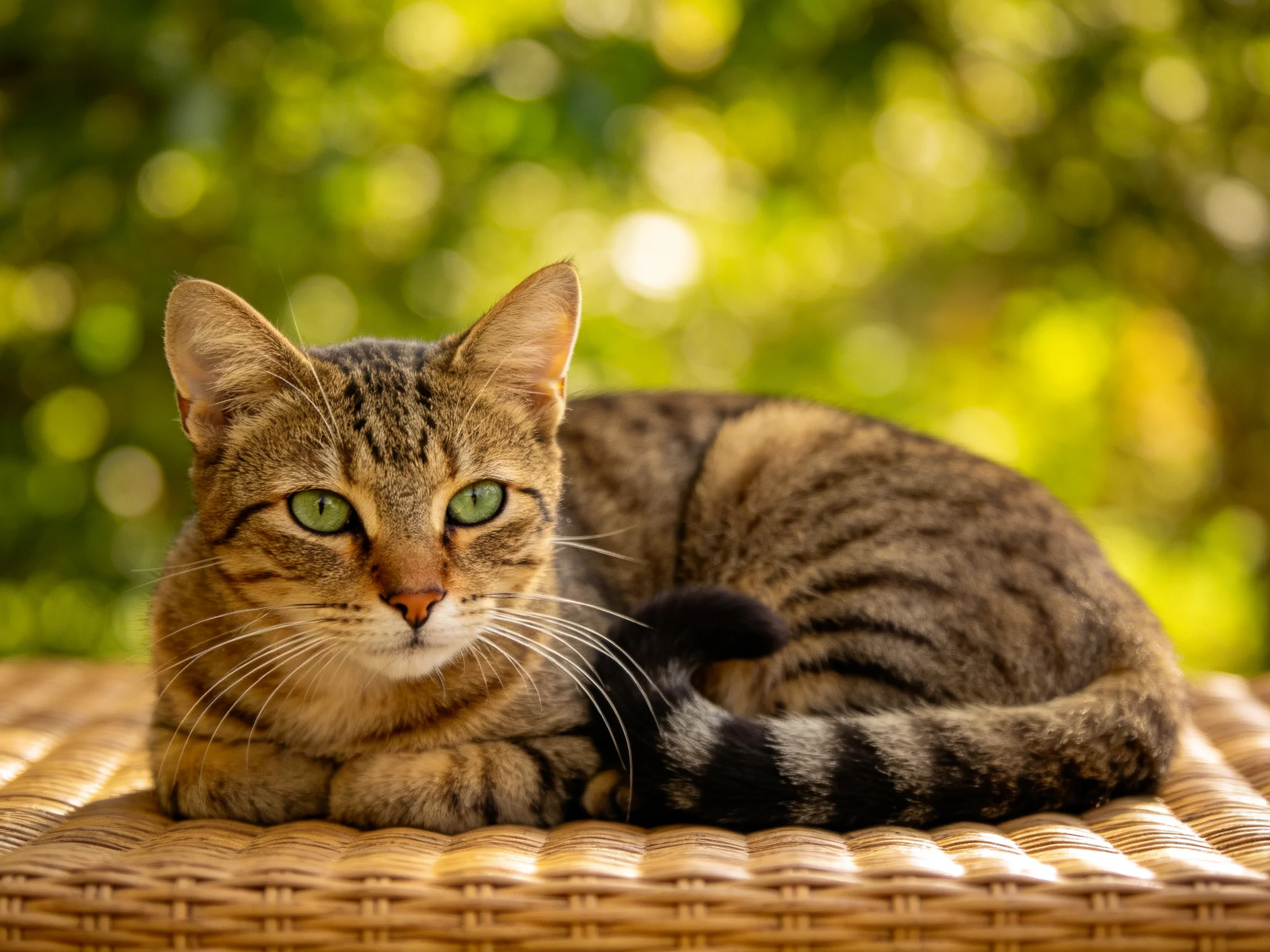 A brown tabby cat relaxes on a wicker seat in a verdant outdoor setting.