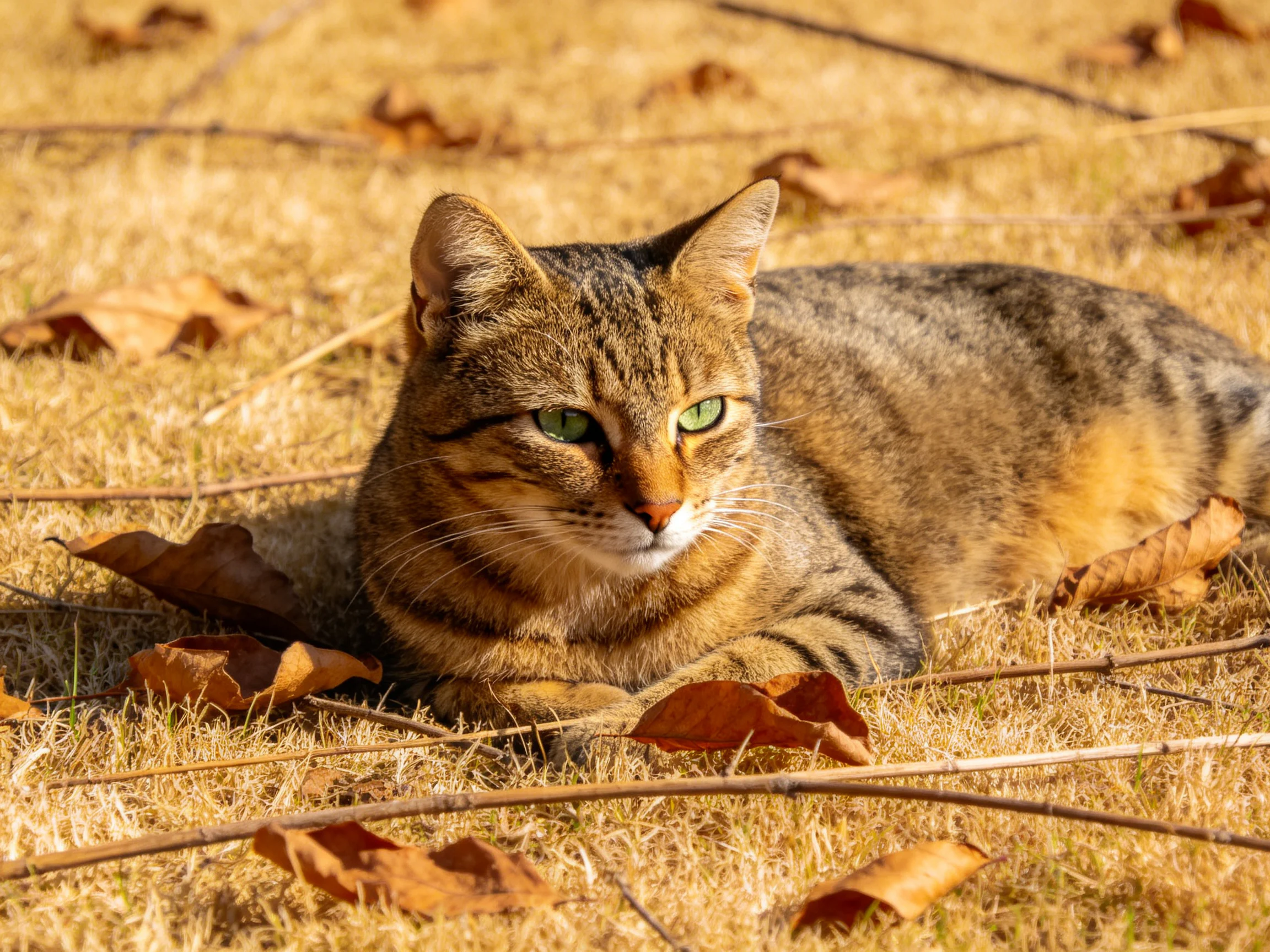 A tabby cat rests among autumn leaves on dry grass.