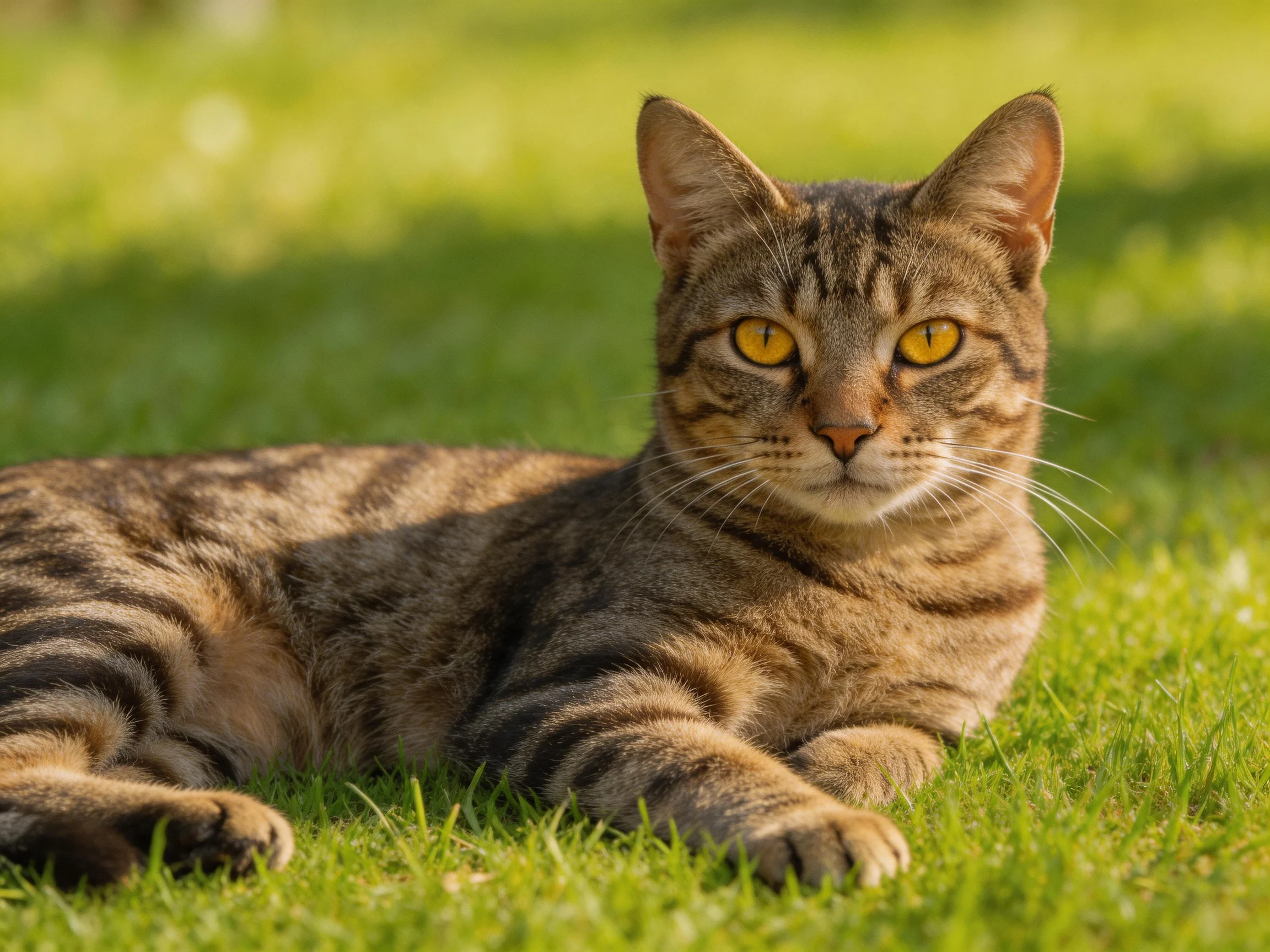 A brown tabby cat lounges on lush green grass in sunlight