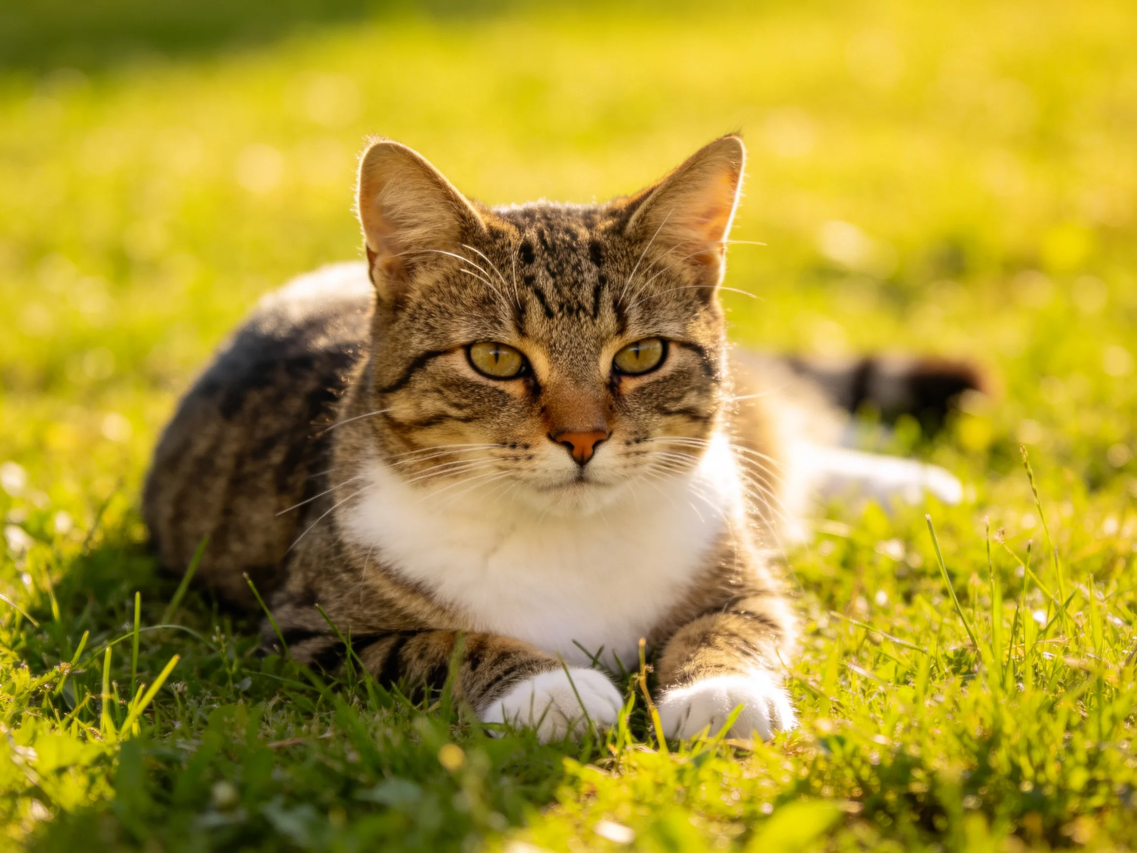 A brown-tabby cat rests on sunlit green grass in a peaceful outdoor scene.