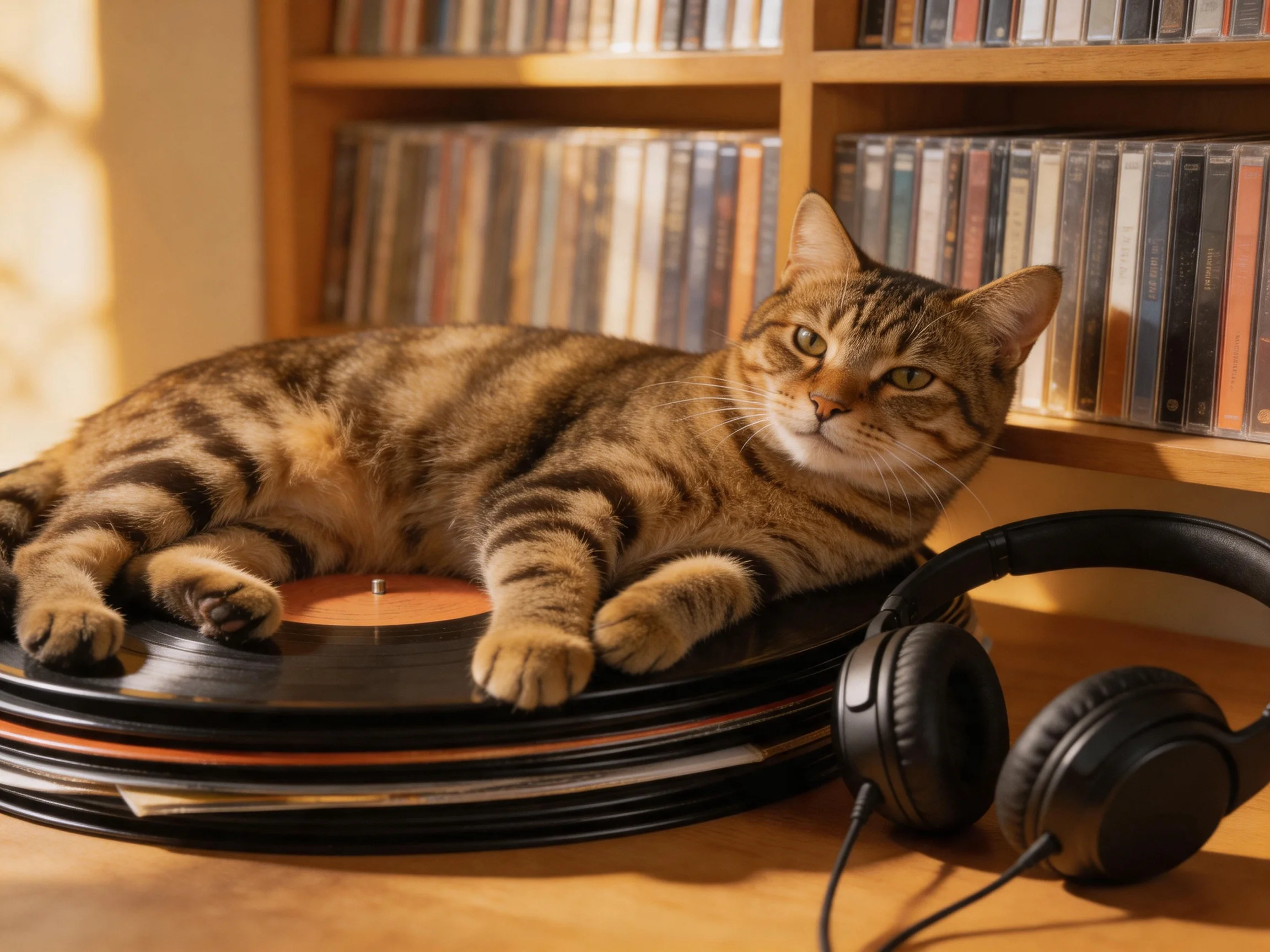 A brown tabby cat relaxes on vinyl records near headphones.