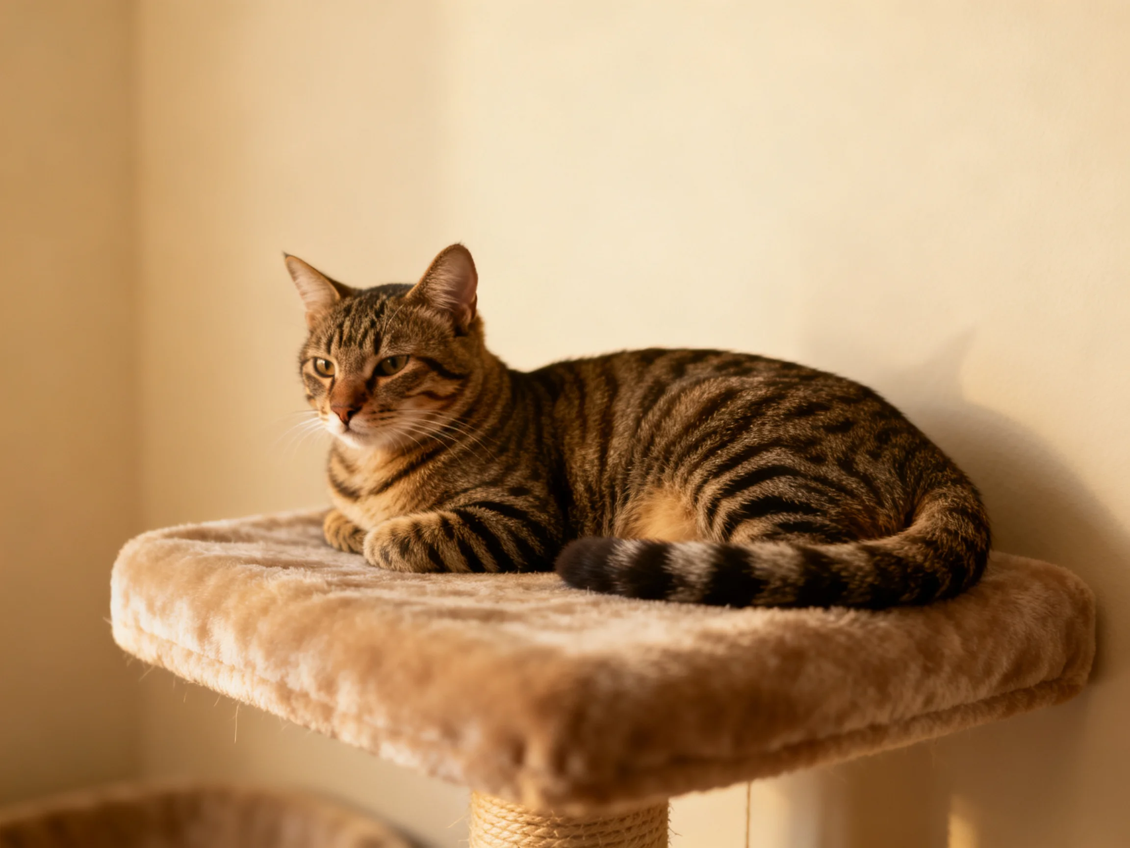A brown tabby cat lounging on a soft beige cat tree platform