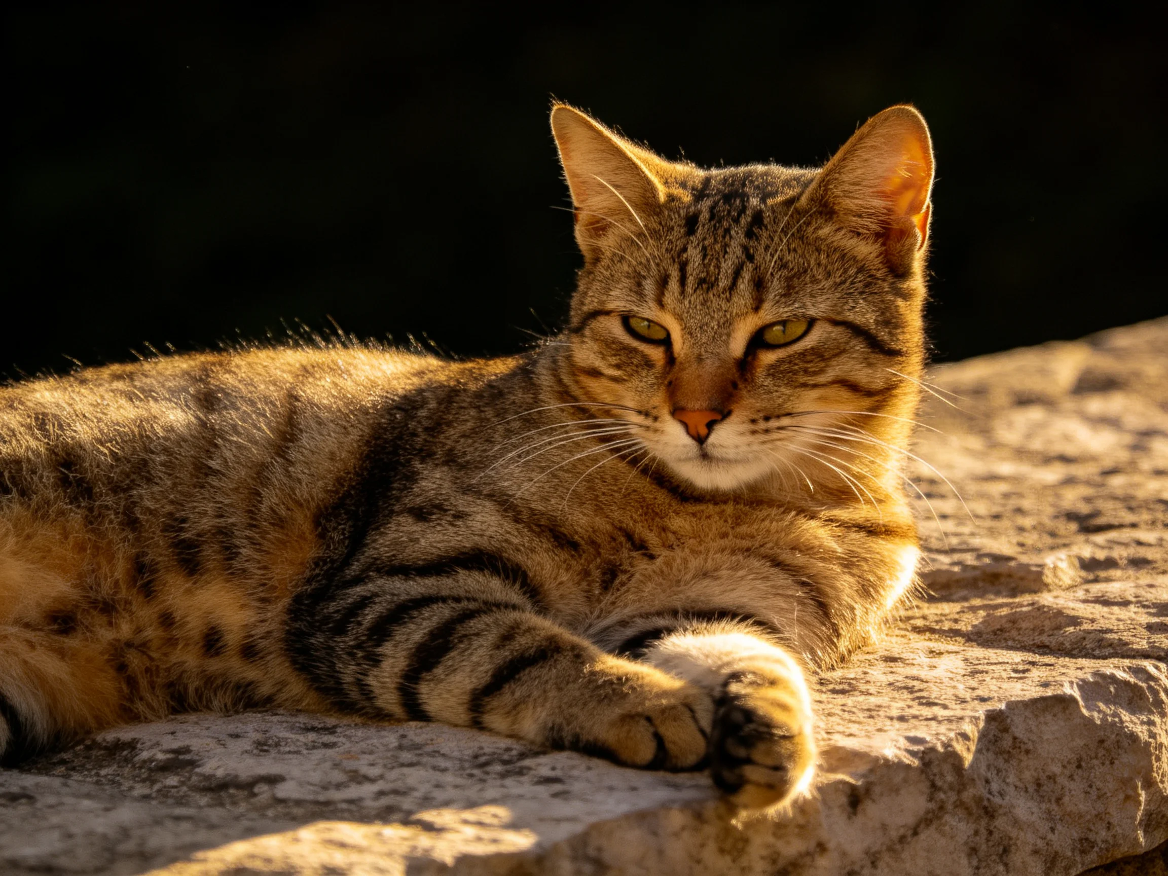 A brown tabby cat lounging on a textured stone ledge in warm sunlight