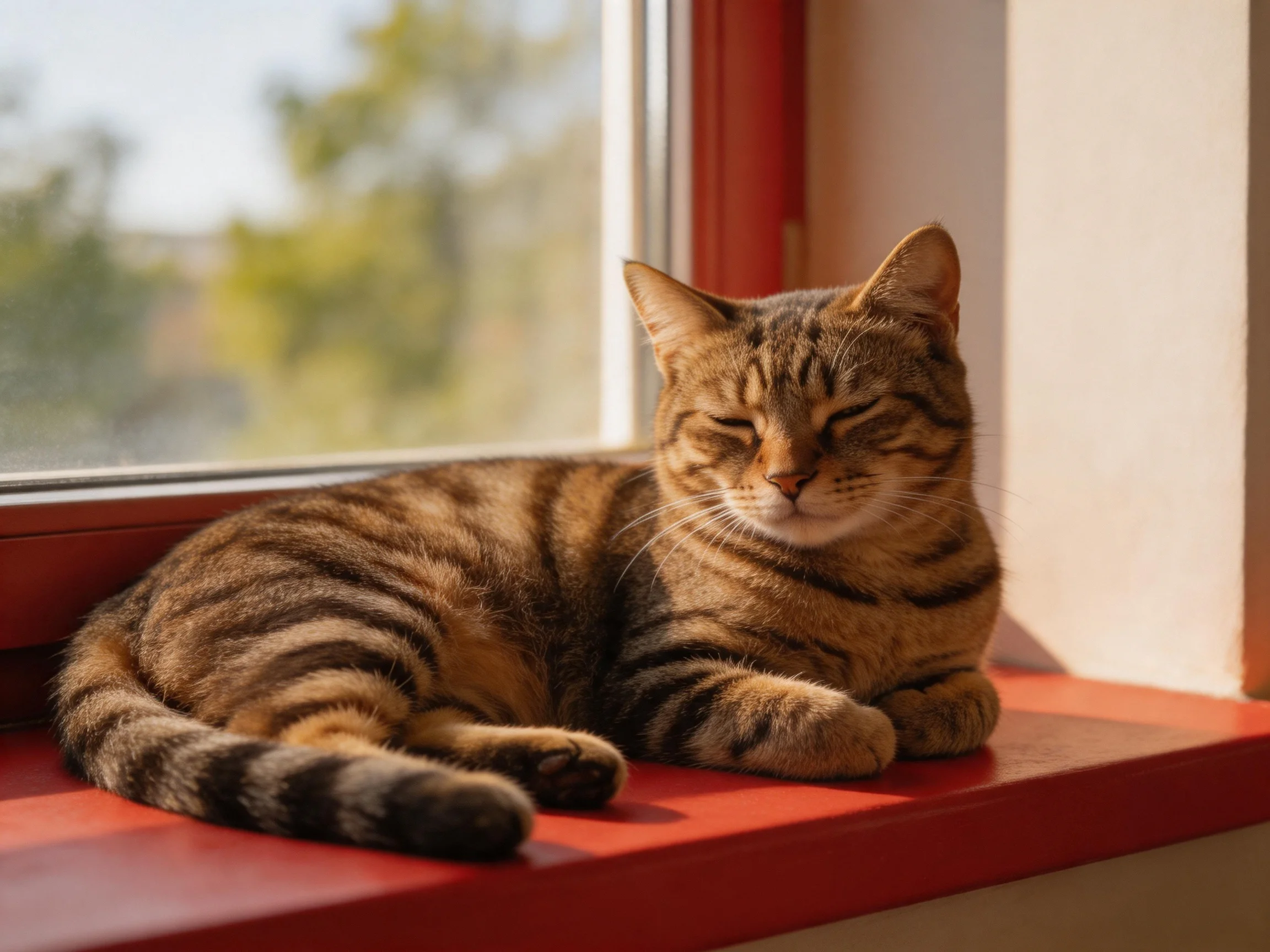 A brown tabby cat lounging on a vibrant red windowsill beside a sunlit window