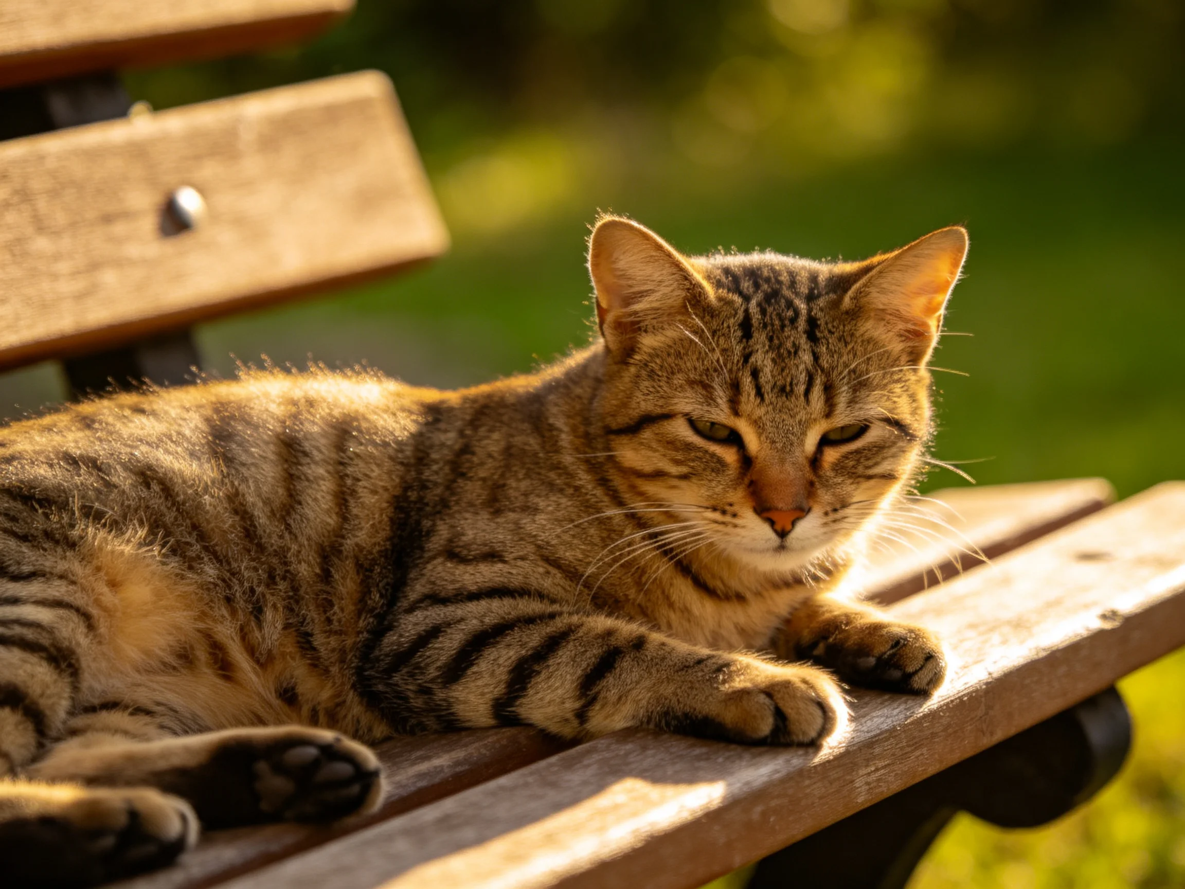 A brown tabby cat lounging on a wooden park bench in sunlight