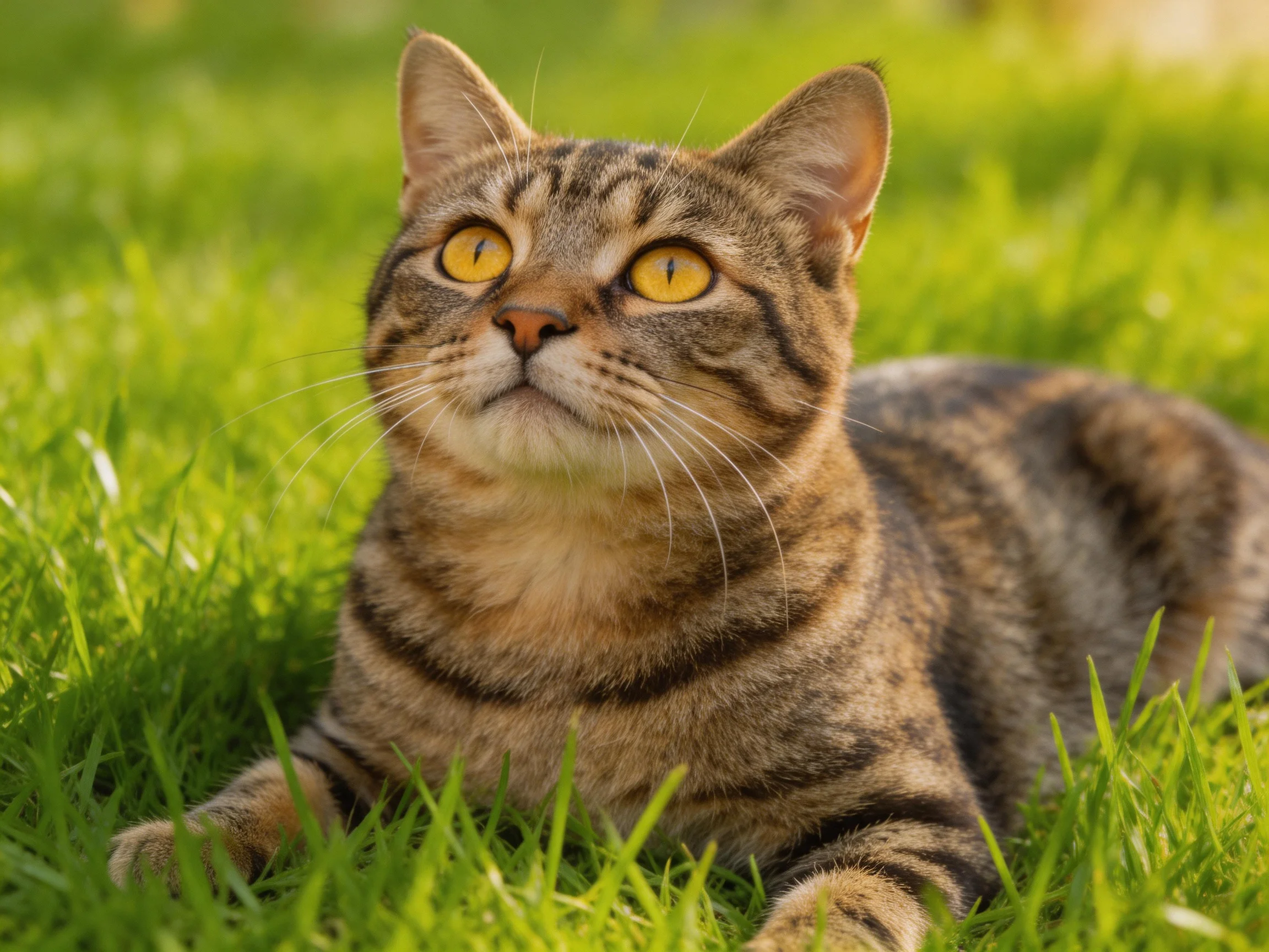 A brown tabby cat lounging on lush green grass