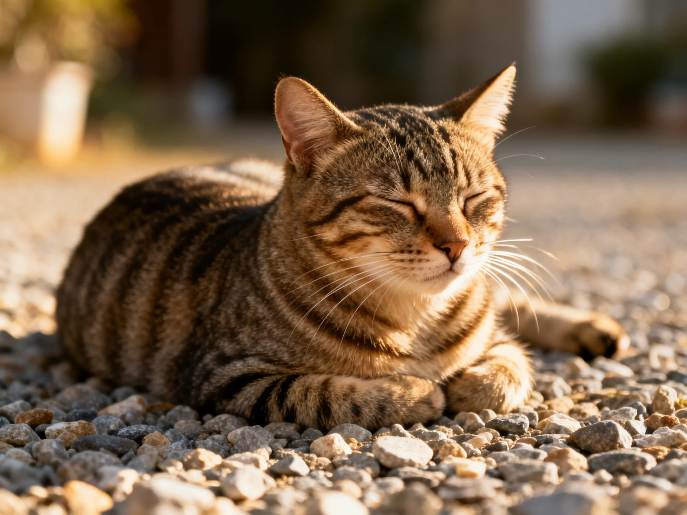 A brown tabby cat lounging on pebbly ground in sunny light