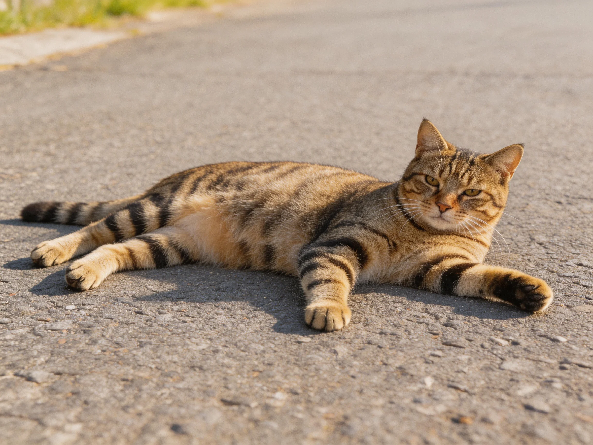A brown tabby cat lounging on smooth asphalt under bright sunlight