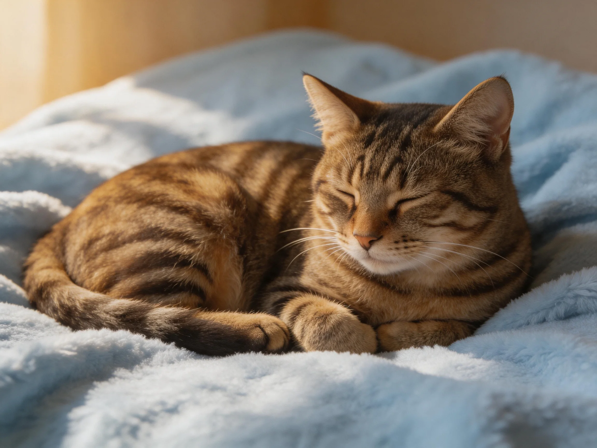 A brown tabby cat napping on a plush blue blanket in sunlight