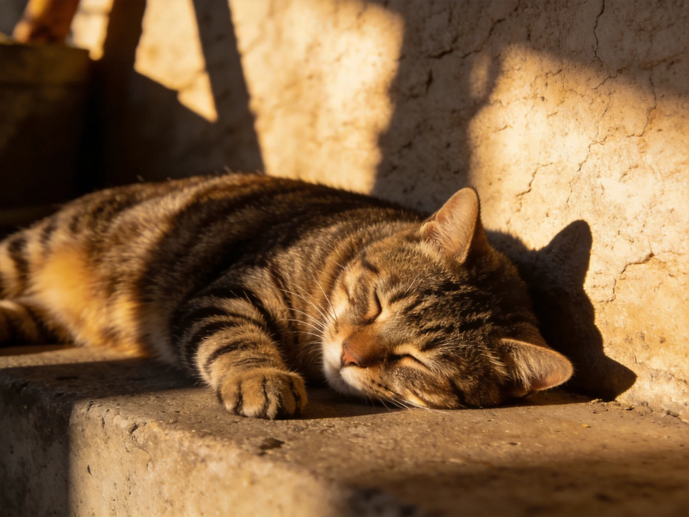 A brown tabby cat naps against a sunlit stone wall