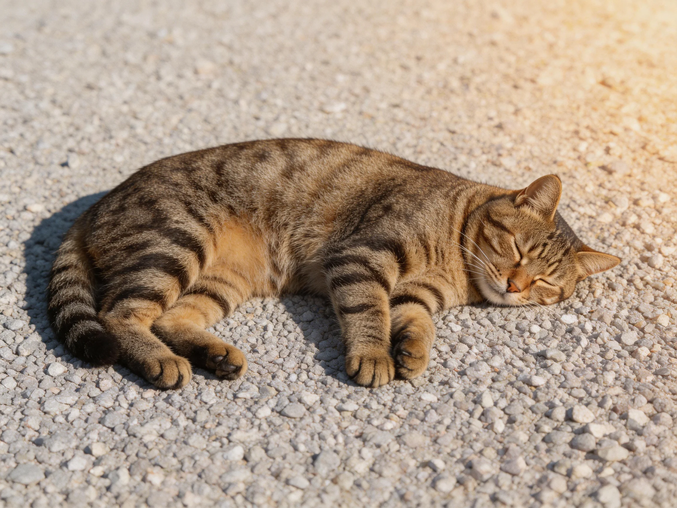 A brown tabby cat naps on a pebbly pavement under sunlight