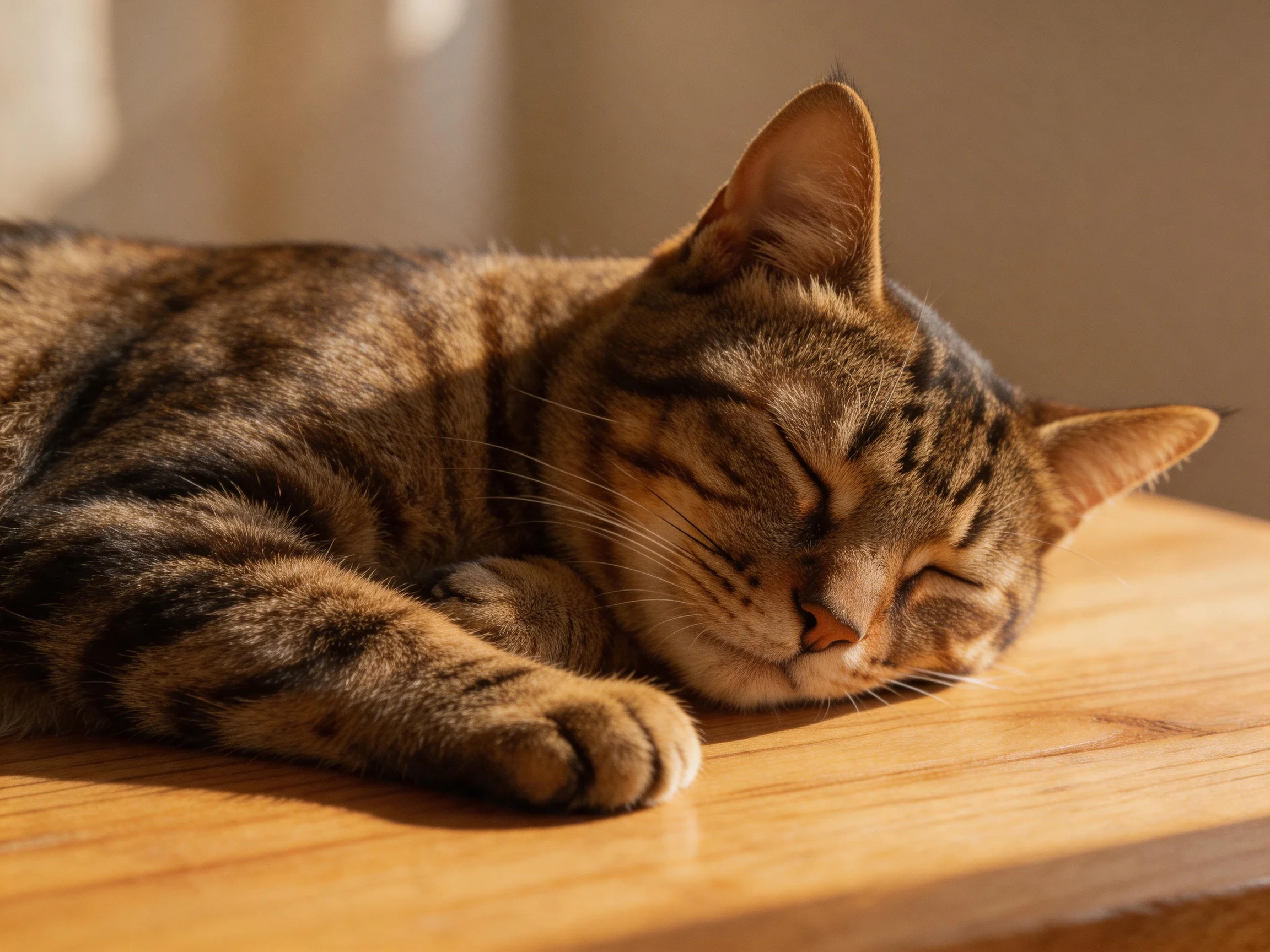 A brown tabby cat naps on a polished wooden surface