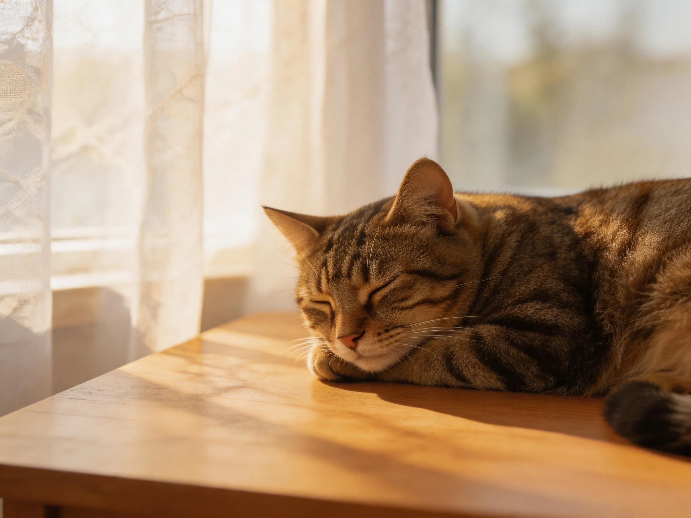 A brown tabby cat sleeps on a wooden table near a window with sheer curtains.