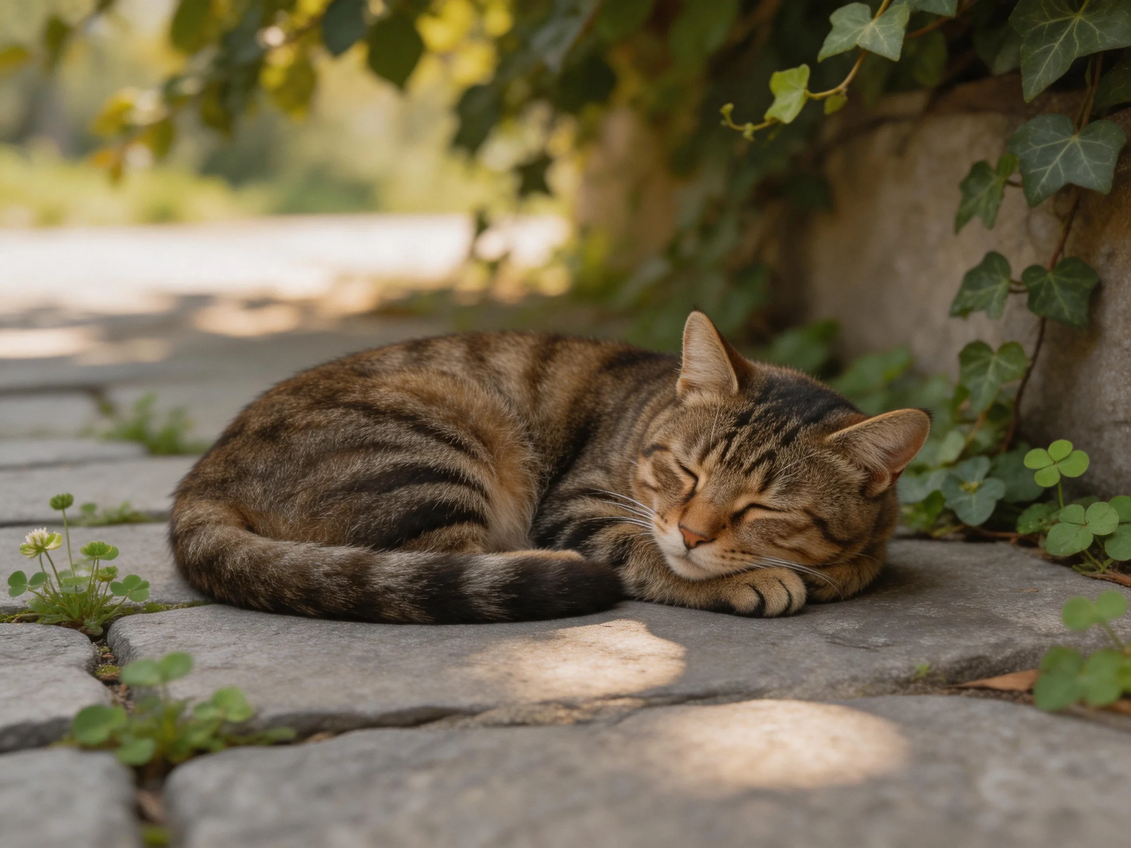 A brown tabby cat naps on stone pavement beside greenery
