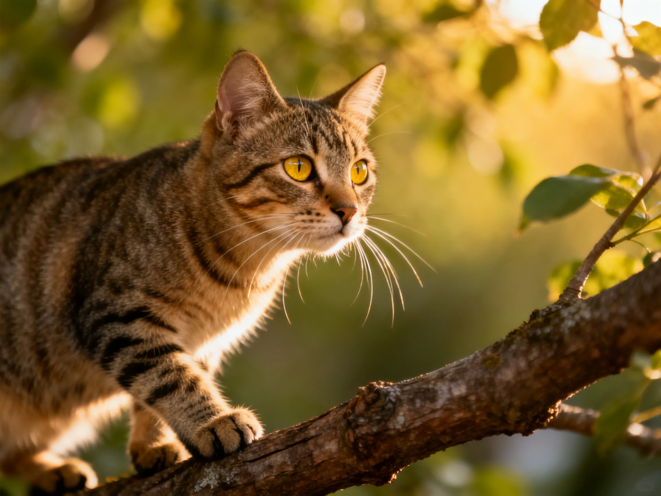 A brown tabby cat perched on a gnarled tree branch in golden light