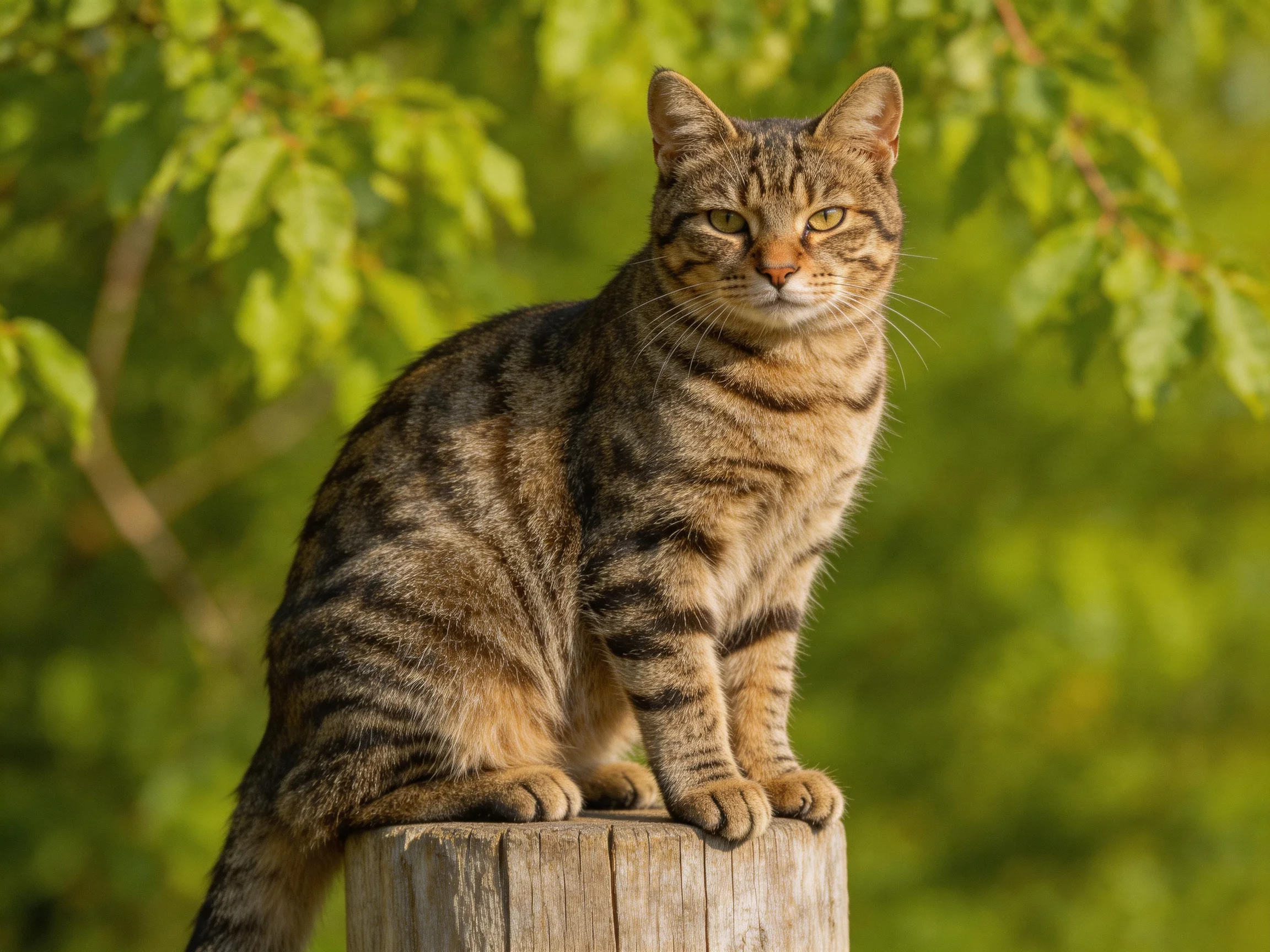 A brown-tabby cat perched on a weathered wooden post amid green foliage