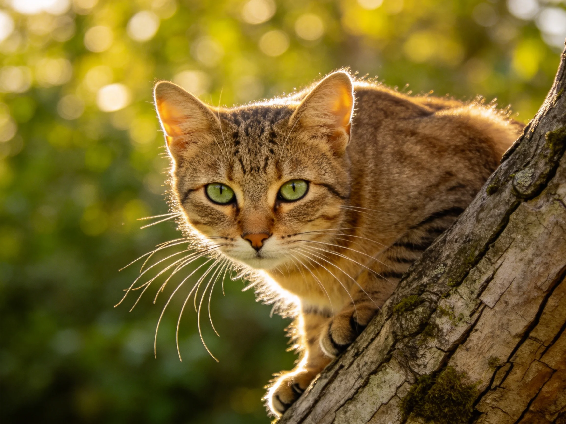 A brown tabby cat perches on a textured tree trunk in golden sunlight