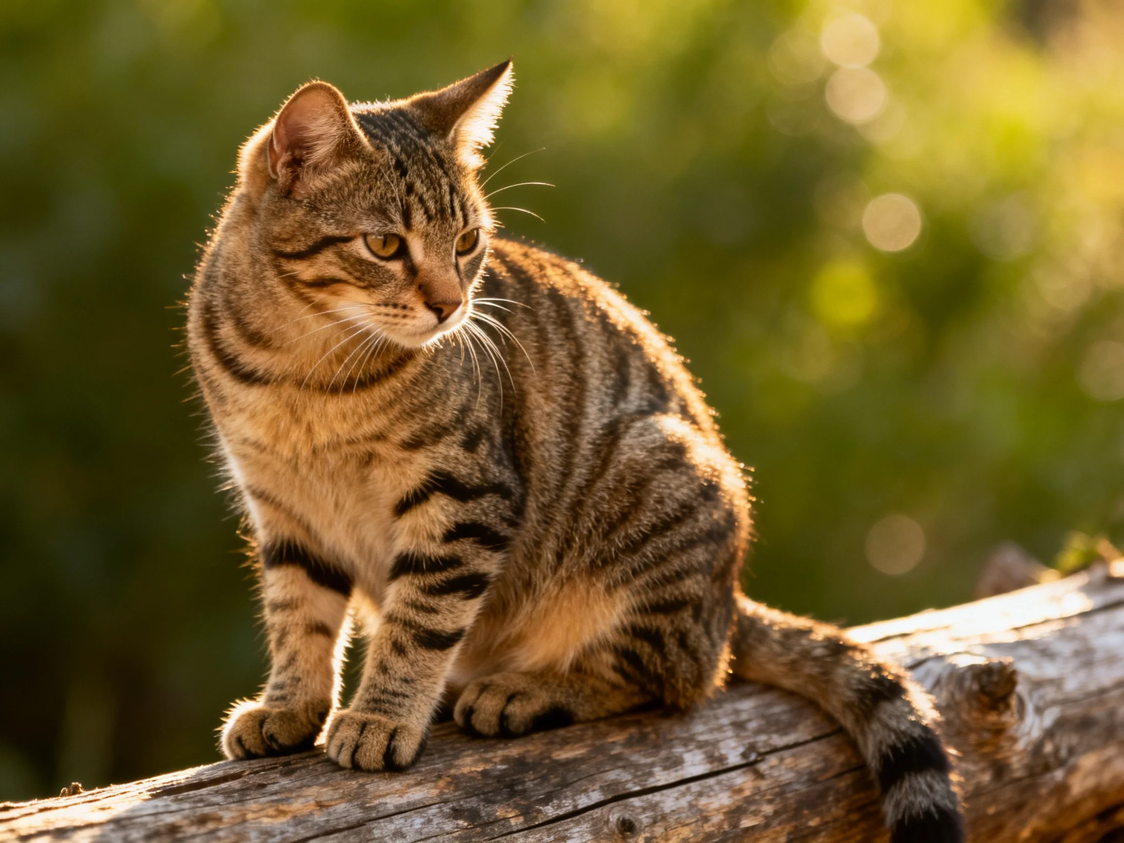 A brown tabby cat perches on a weathered wooden log in natural light.